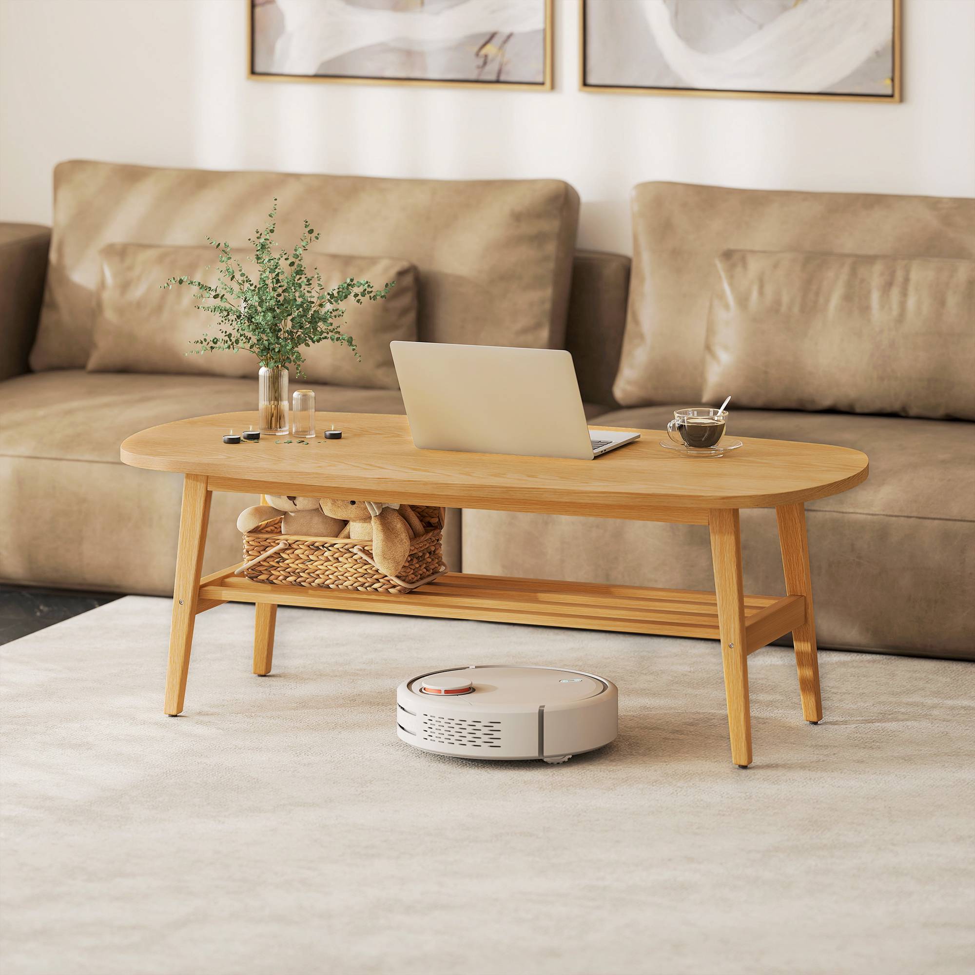 Ovalt soffbord med hyllplan, naturträ, 120x60x42 cm