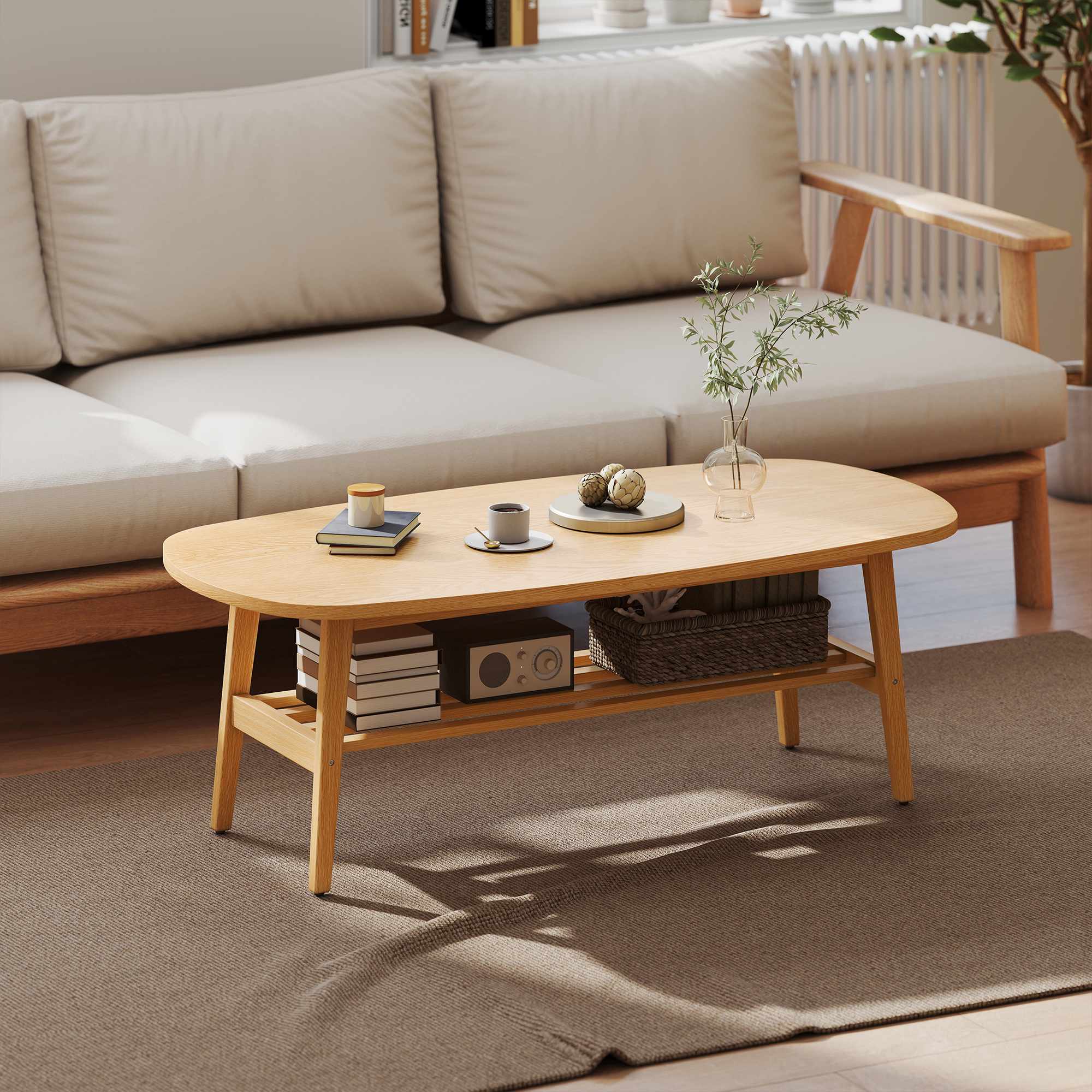 Ovalt soffbord med hyllplan, naturträ, 120x60x42 cm