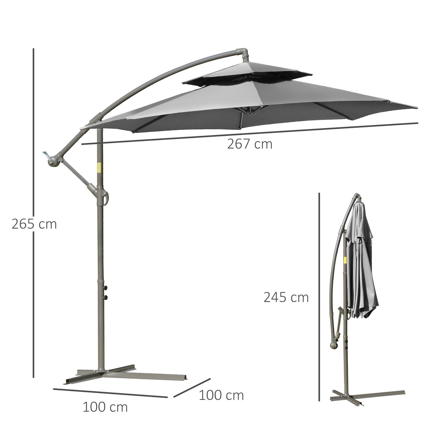 Parasoll Cantilever Paraply Ø2,67 X 2,45 M Crank Paraply Med Dobbelttak Krysssokkel Stål Utendørs Solskjerm Polyester Stål Lys Grå