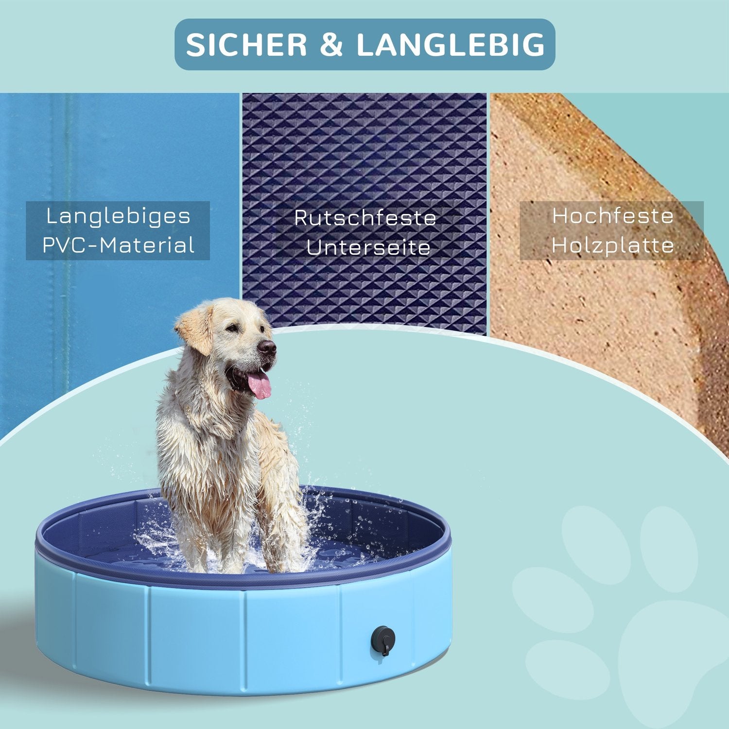 Paddlingsbassäng för hund – slitstark PVC och trä, 80 cm blå
