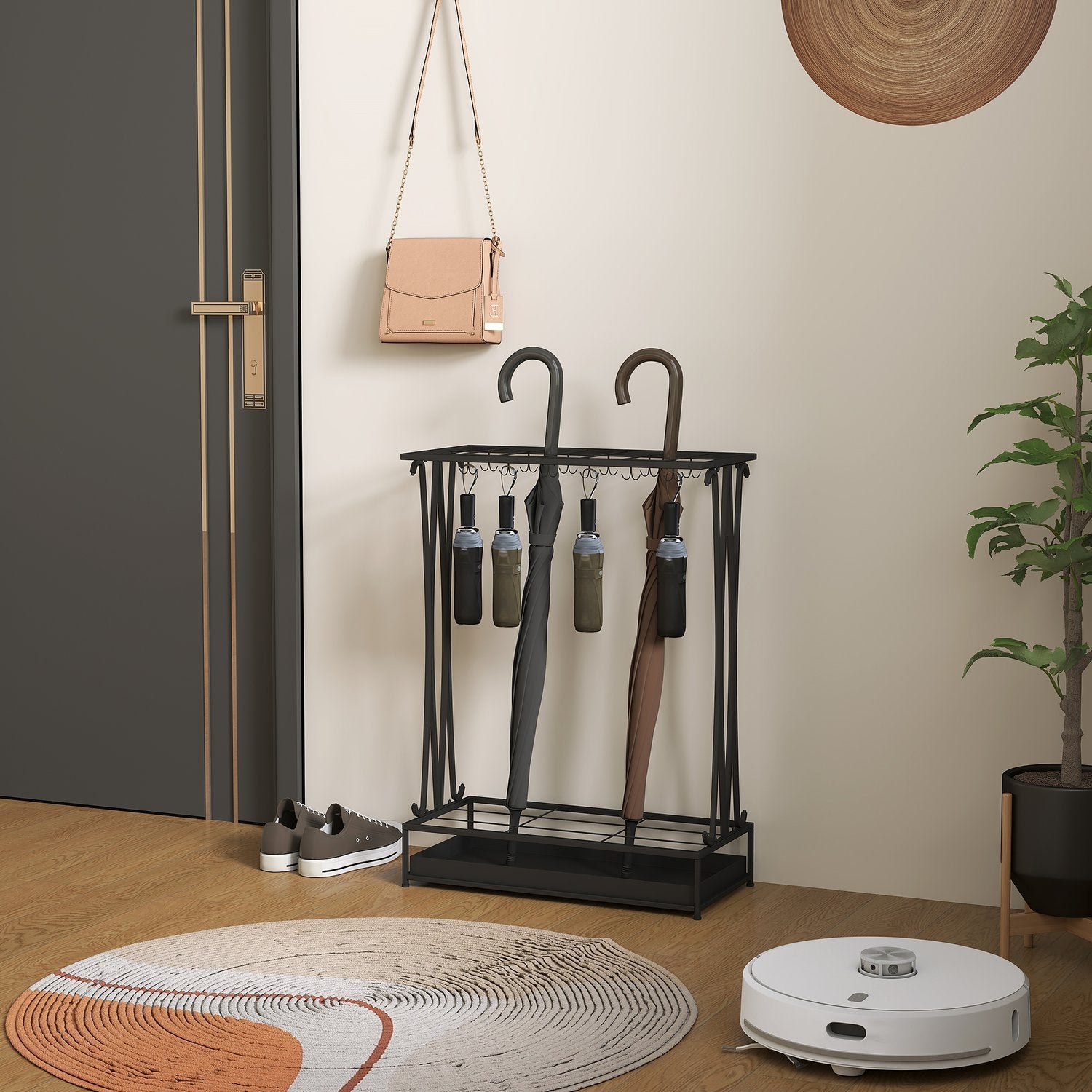 Paraplystativ i stål med 24 krokar & vattenbricka, svart