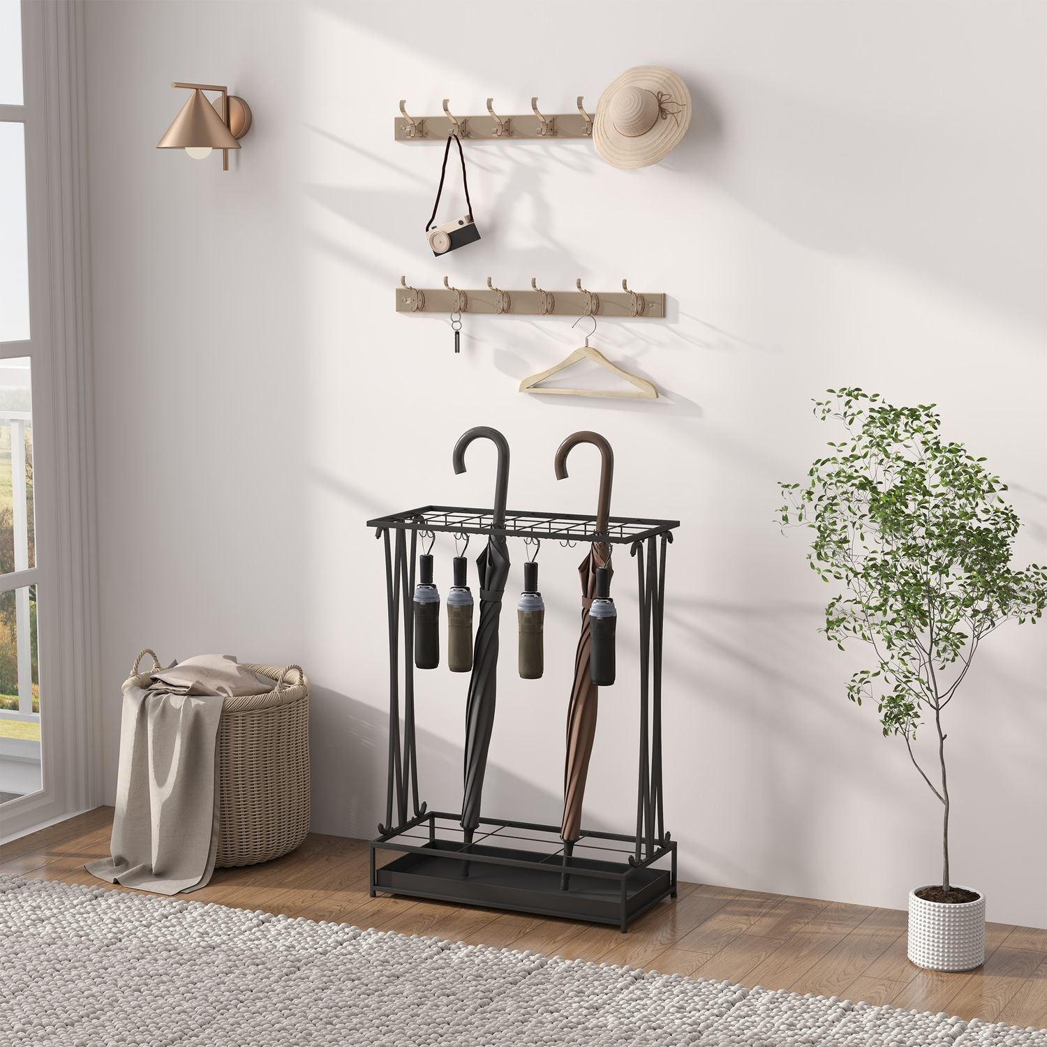 Paraplystativ i stål med 24 krokar & vattenbricka, svart