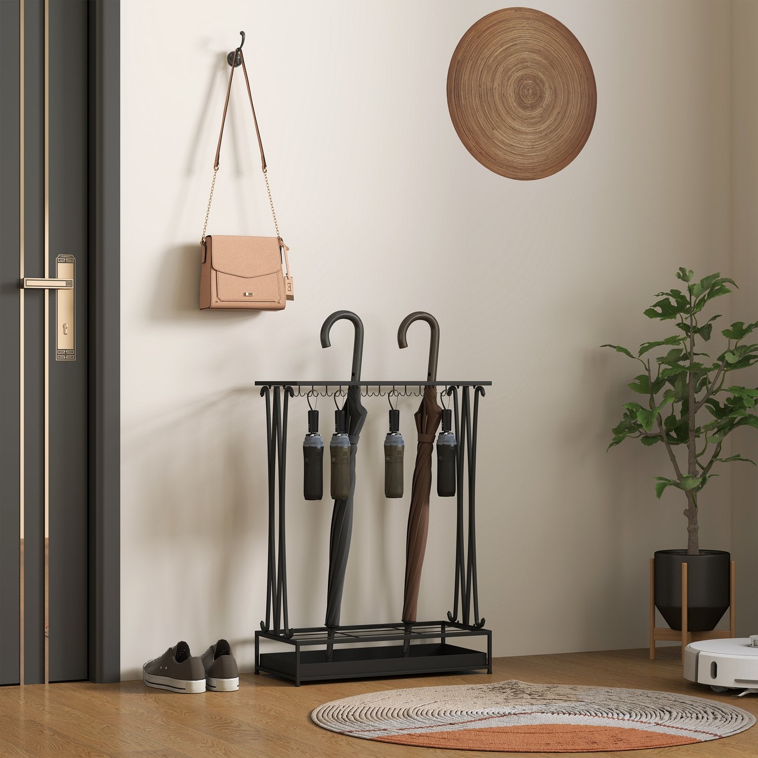 Paraplystativ i stål med 24 krokar & vattenbricka, svart