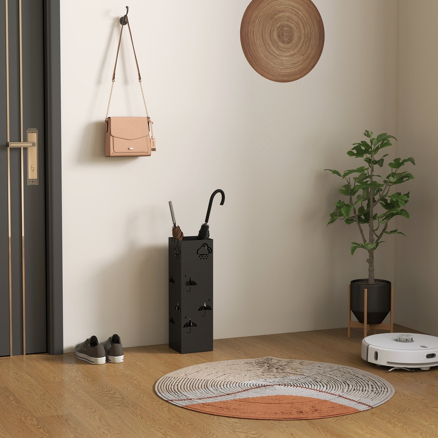 Paraplystativ i svart stål med krokar och avloppsbricka