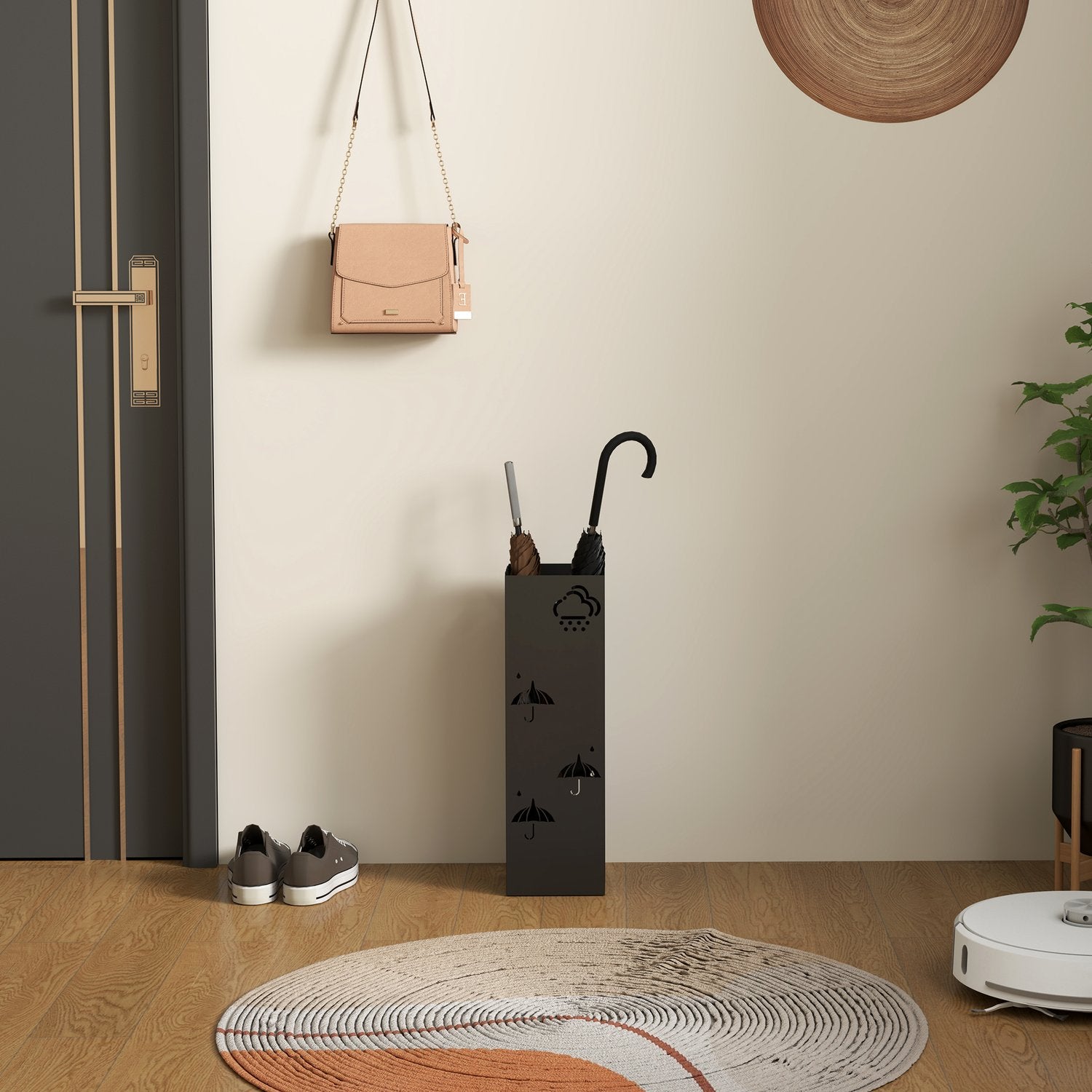 Paraplystativ i svart stål med krokar och avloppsbricka