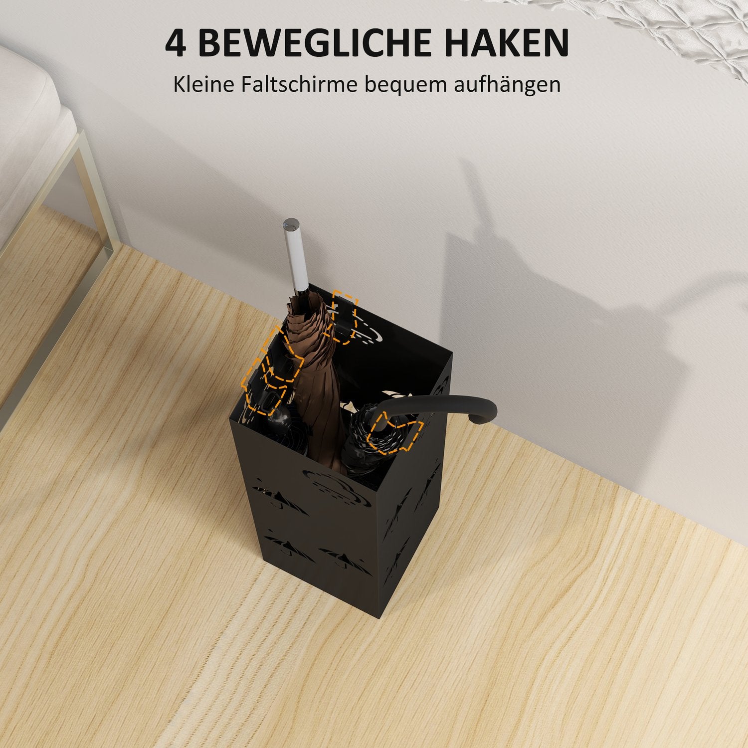 Paraplystativ i svart stål med krokar och avloppsbricka