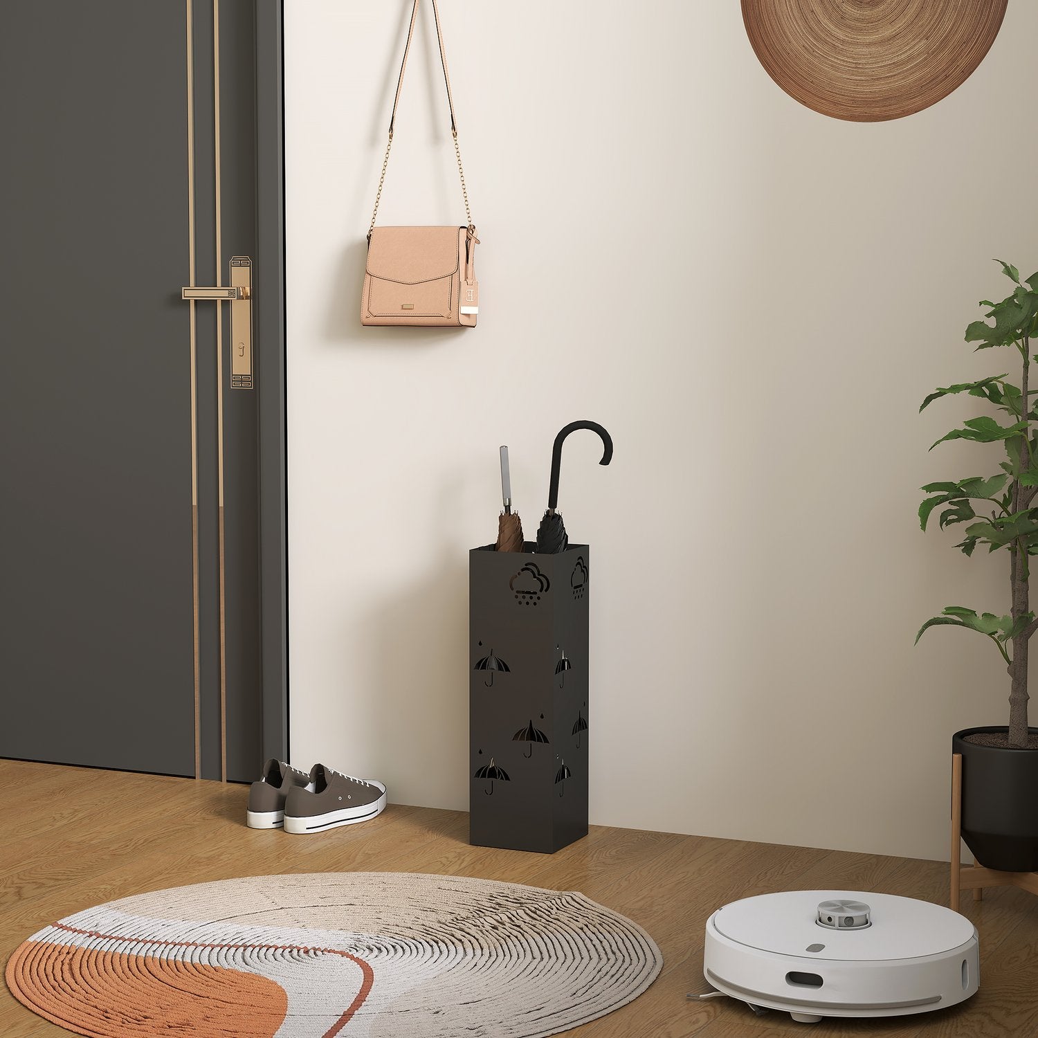 Paraplystativ i svart stål med krokar och avloppsbricka