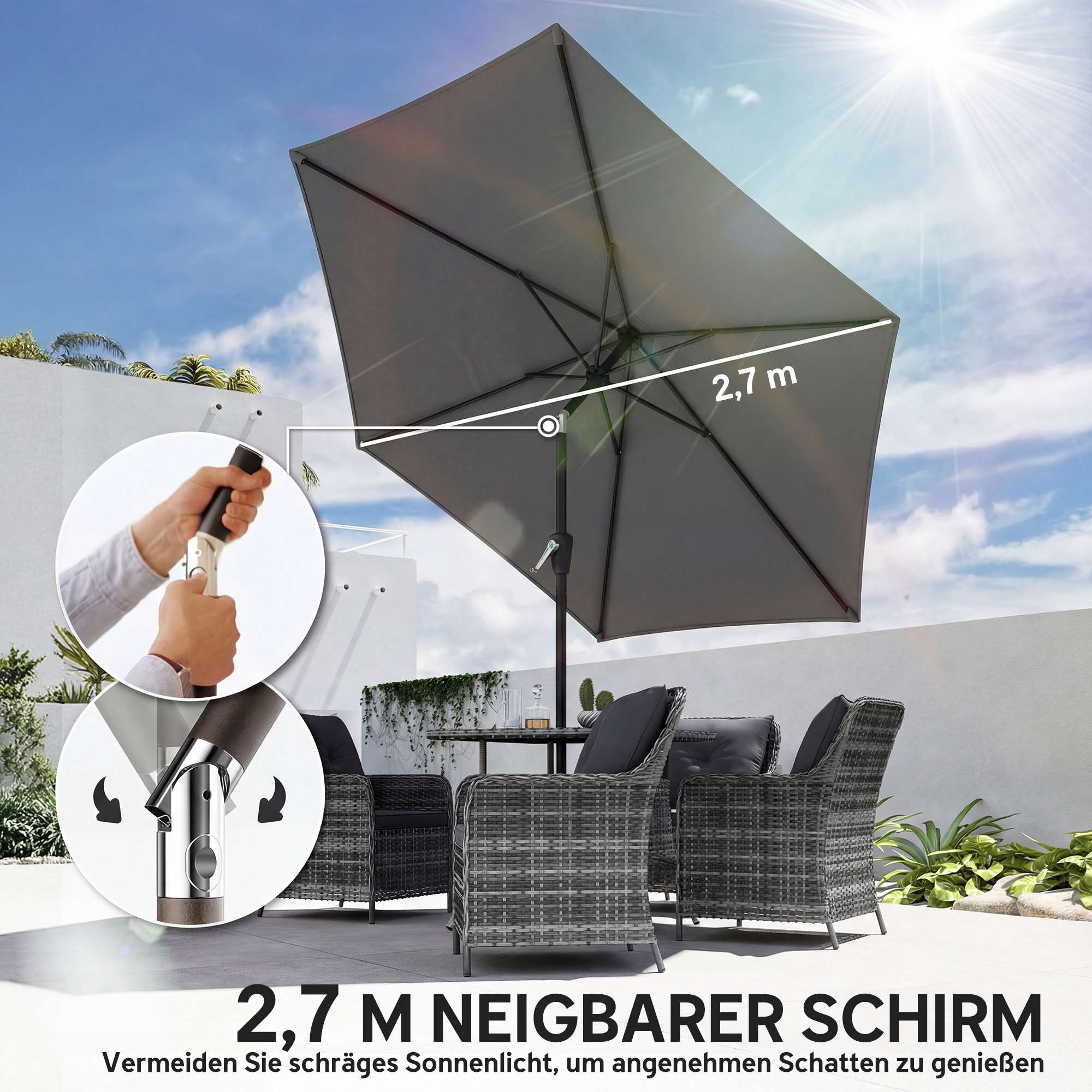Parasoll, 270 cm, UV 50+ skydd, mörkgrå