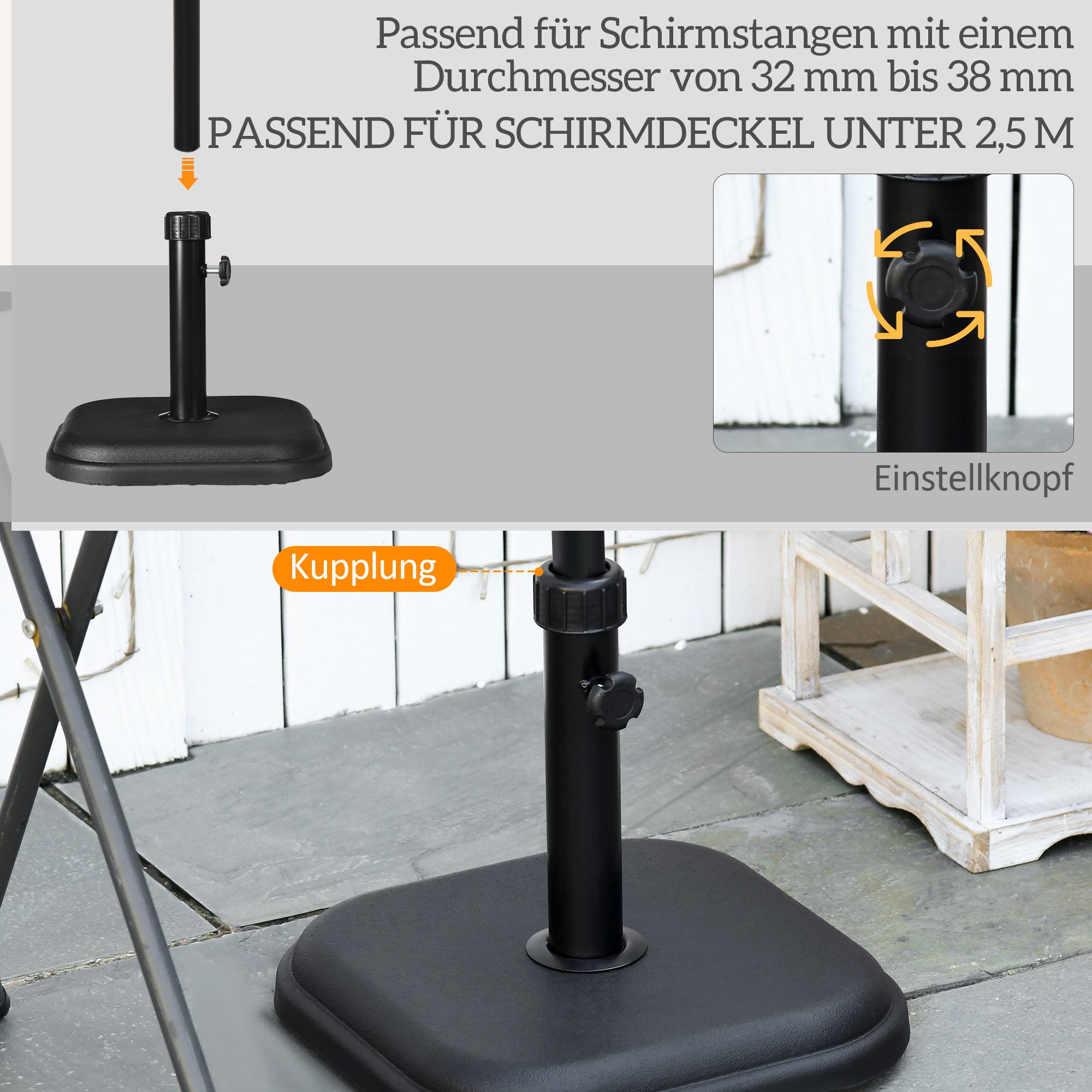 Parasollfot i betong, 11 kg, fyrkantig, passar till stänger med diameter 32–38 mm