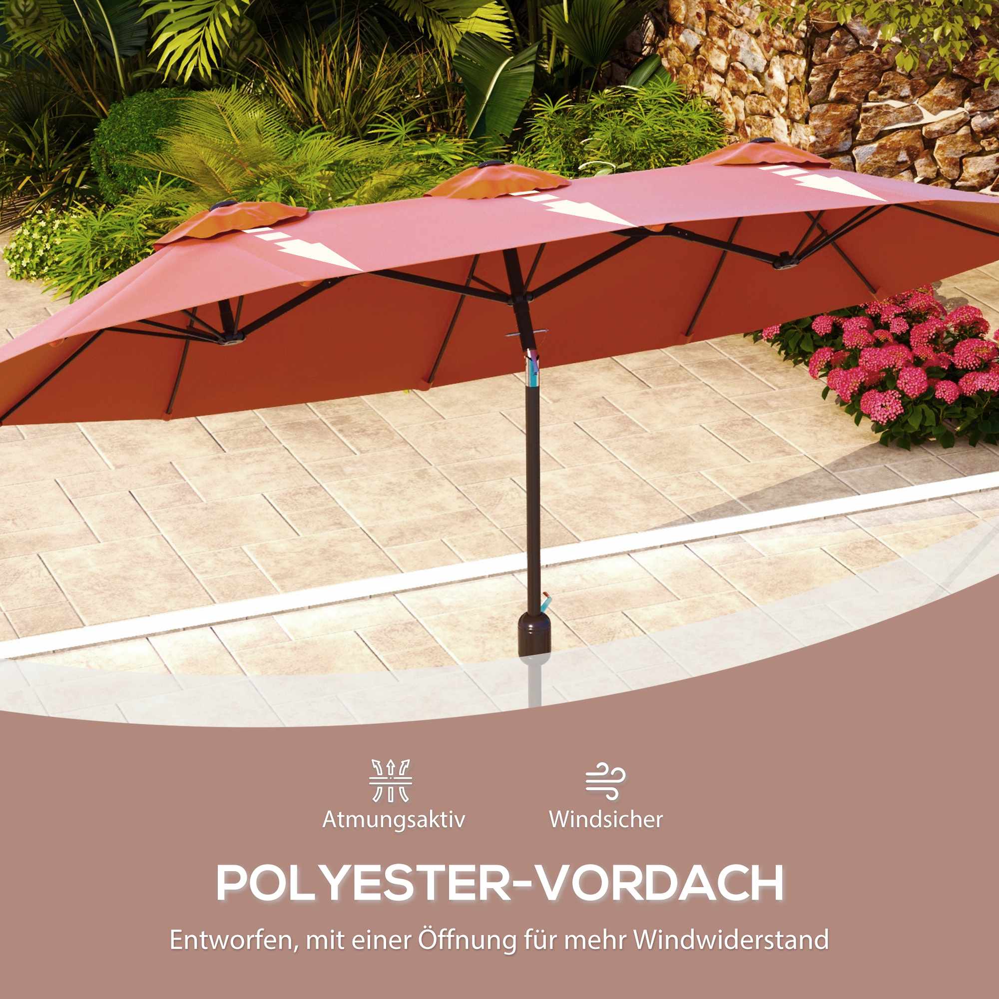 Parasoll, justerbar, röd, 295 x 152 cm, polyester