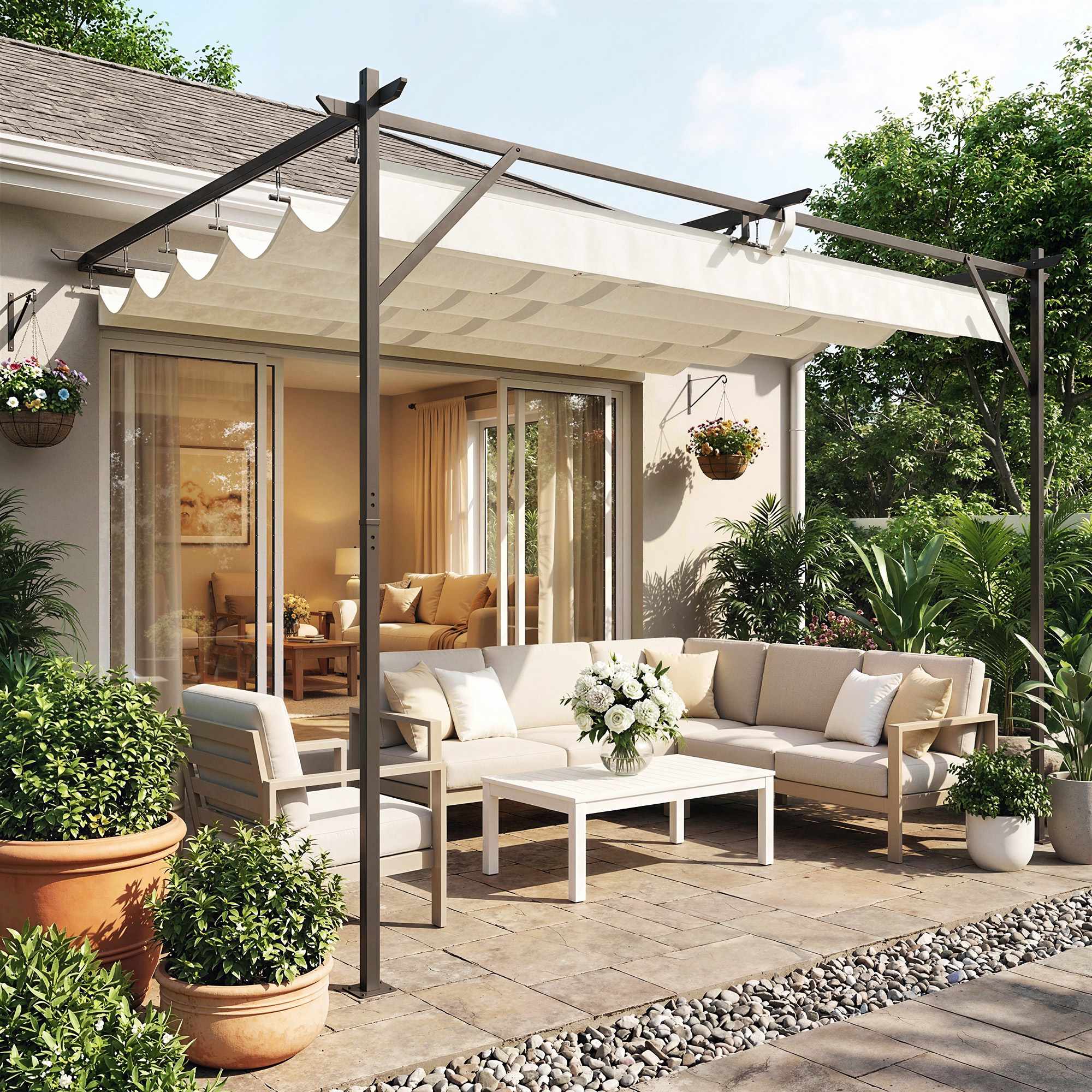 Pergola med justerbart tak, 4x3m, väggmonterad, UV30+ skydd
