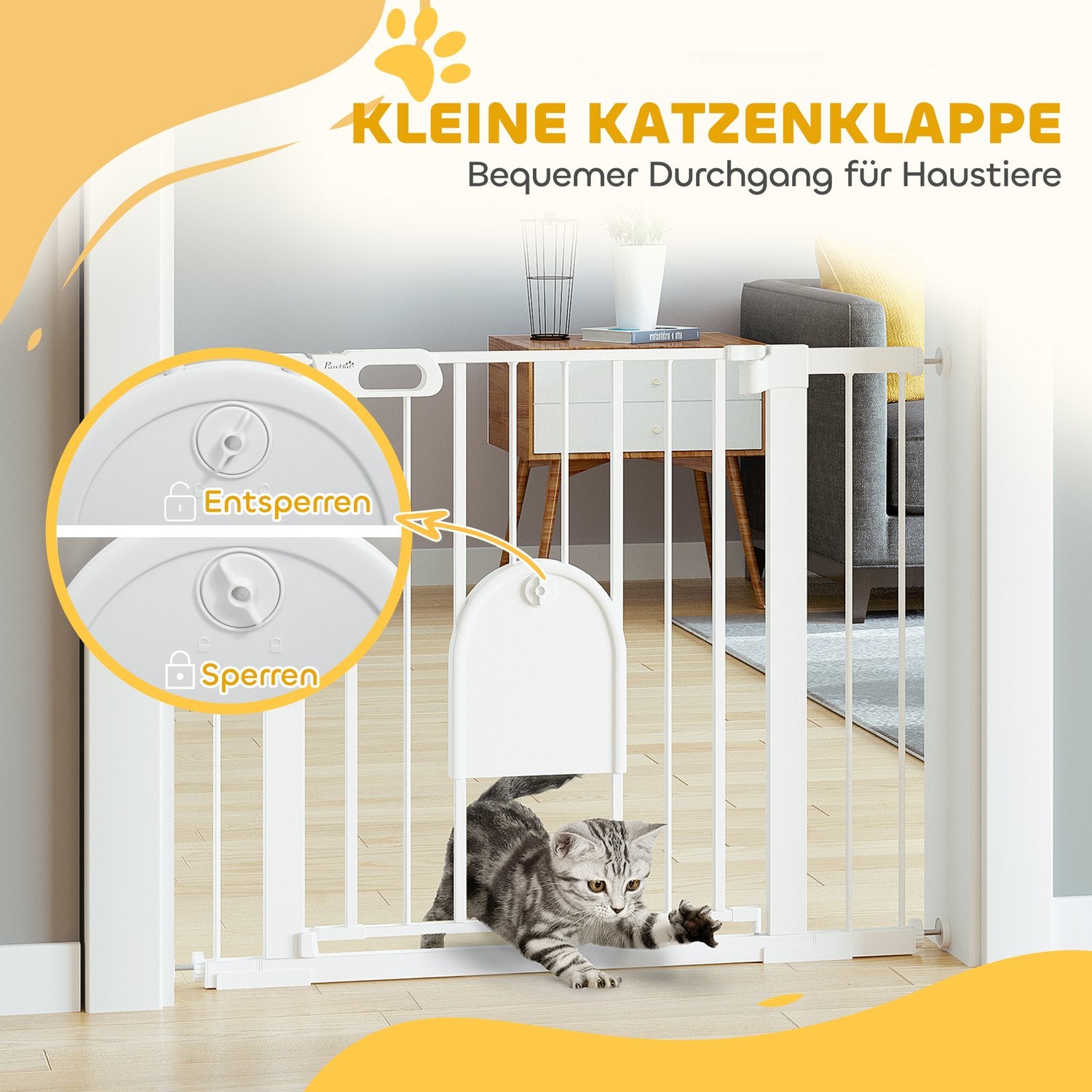 Pet Gate, Justerbar med liten dörr, Stål & Plast, Vit