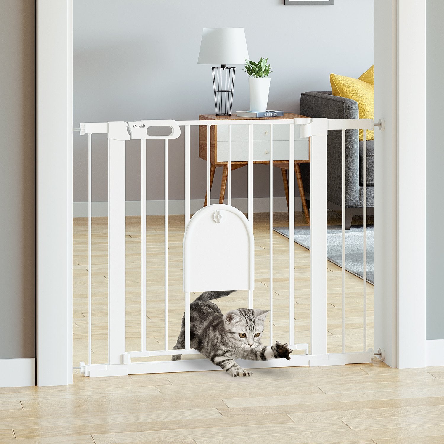 Pet Gate, Justerbar med liten dörr, Stål & Plast, Vit