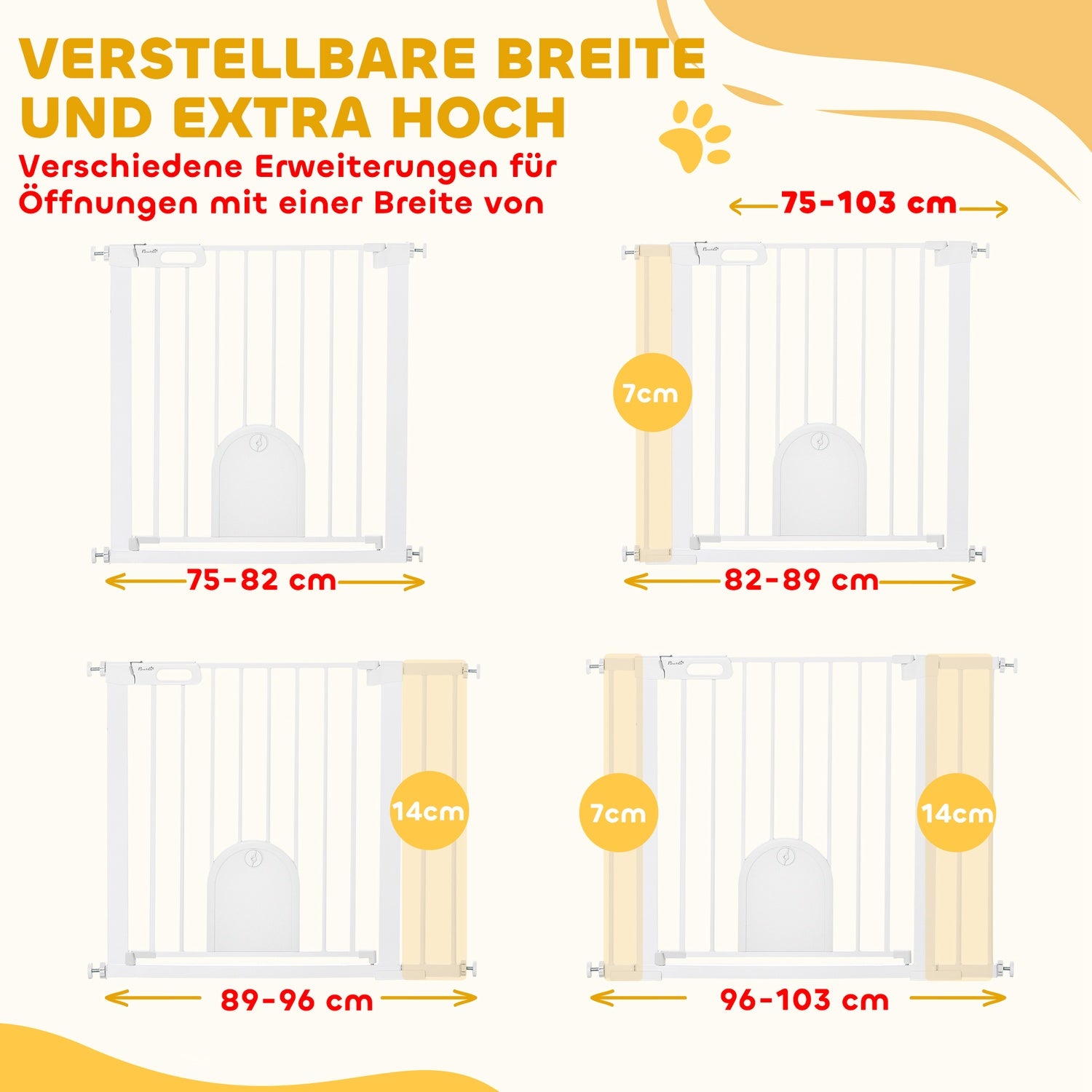 Pet Gate, Justerbar med liten dörr, Stål & Plast, Vit