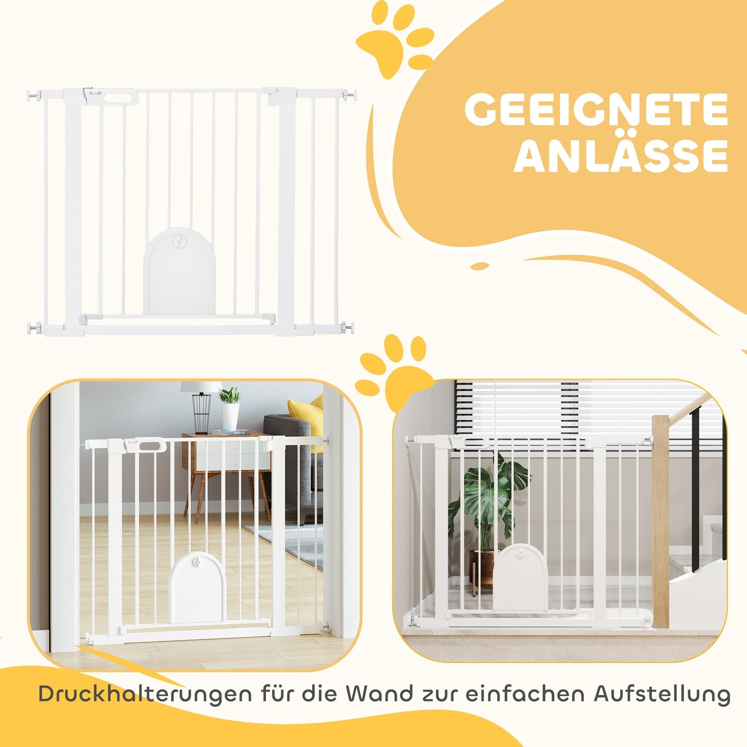 Pet Gate, Justerbar med liten dörr, Stål & Plast, Vit