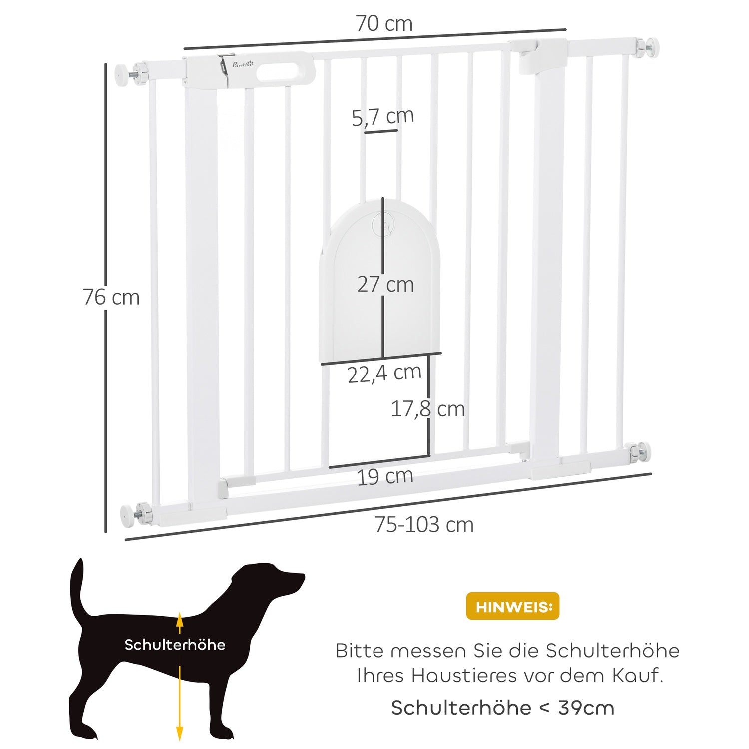 Pet Gate, Justerbar med liten dörr, Stål & Plast, Vit