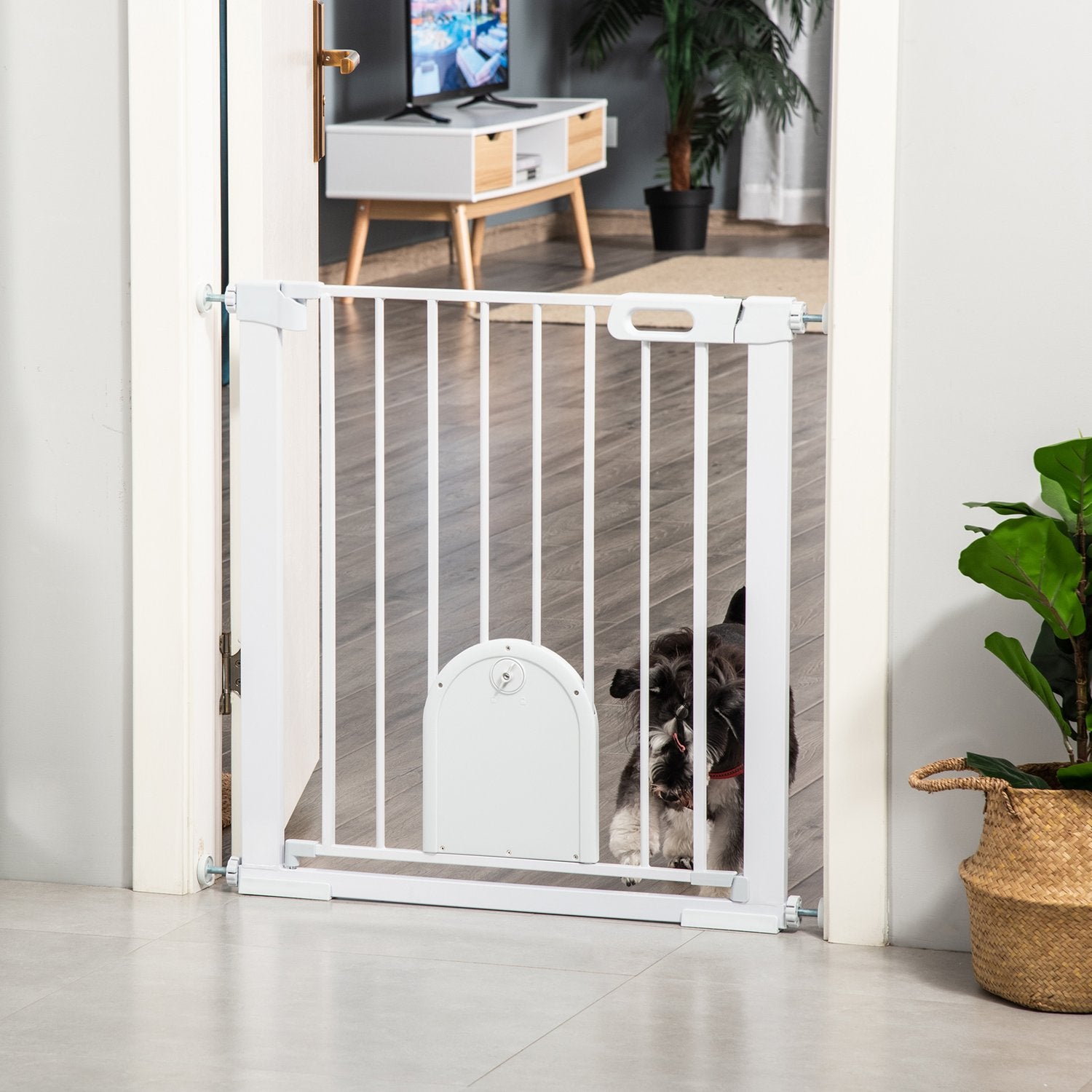 Pet Gate, Justerbar med liten dörr, Stål & Plast, Vit