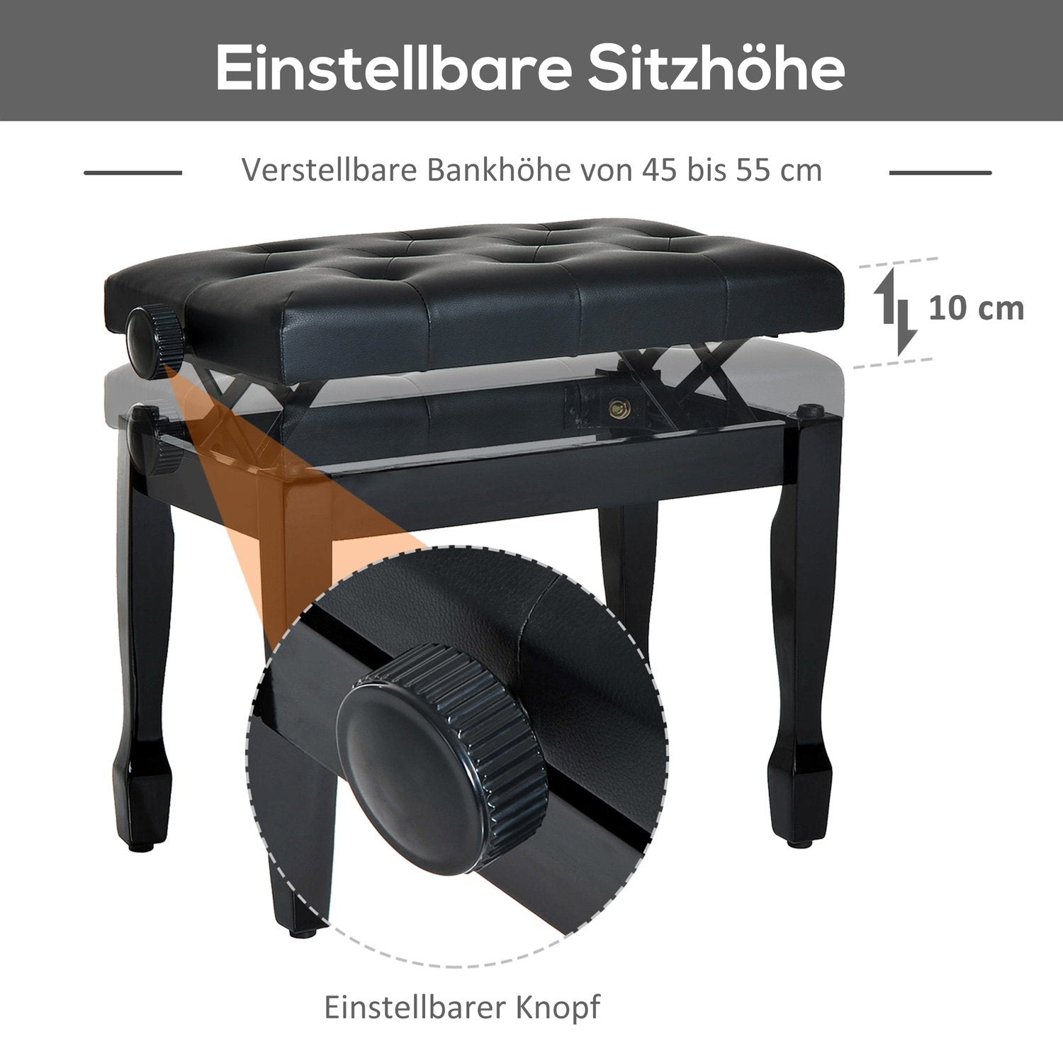 Pianopall Pianobänk Kosmetisk Pall Höjdjusterbar Pall Öva På Musikinstrument Massivt Trä Konstläder Svart 64 X 35 X 45-55 Cm