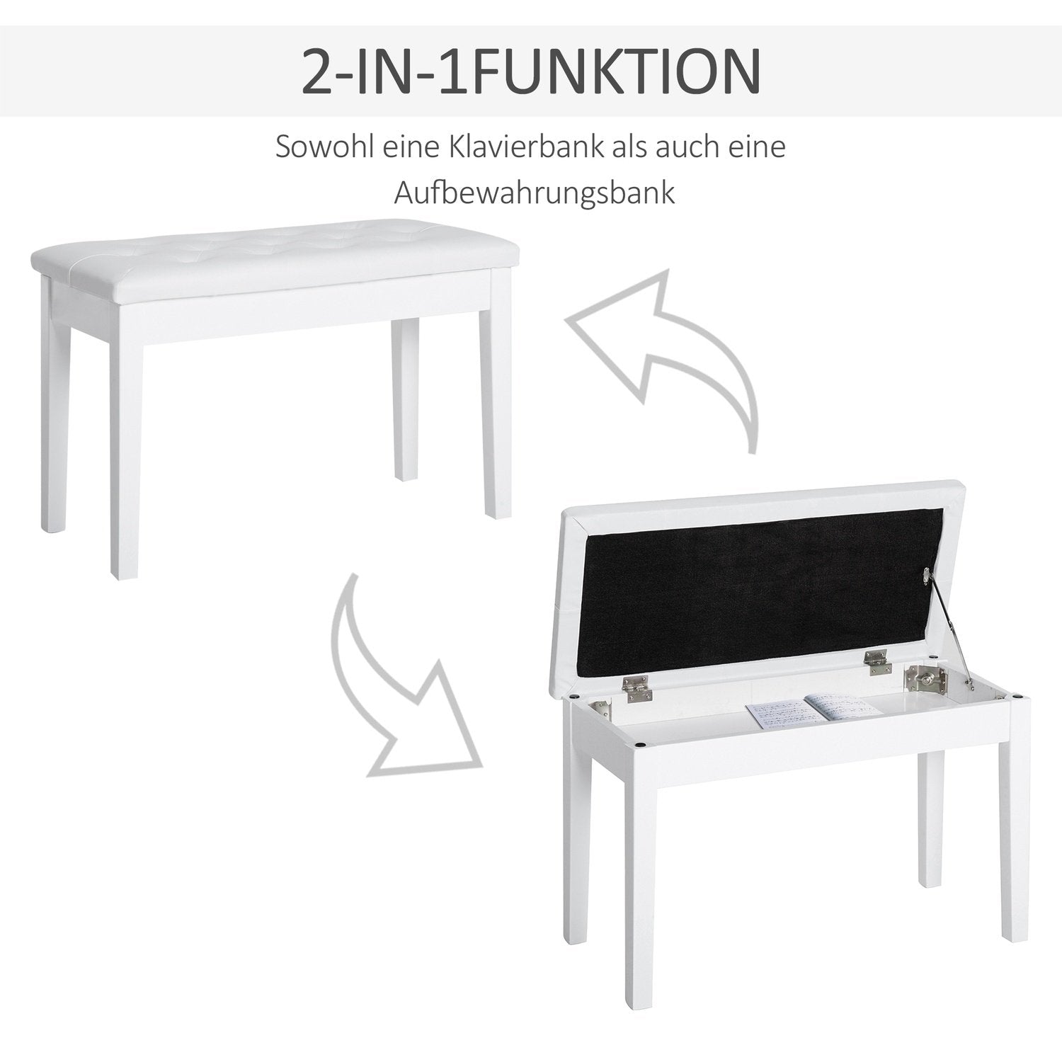 Pianokrakk Pianobenk Tradisjonell countrystil Kosmetisk krakk Oppbevaringsplass Gummi Tre Kunstskinn Hvit 76 X 36 X 50 Cm