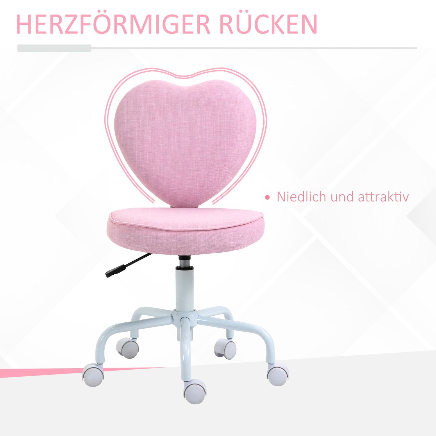 Pink Heart Swivel Stol, justerbar höjd, linnetyg