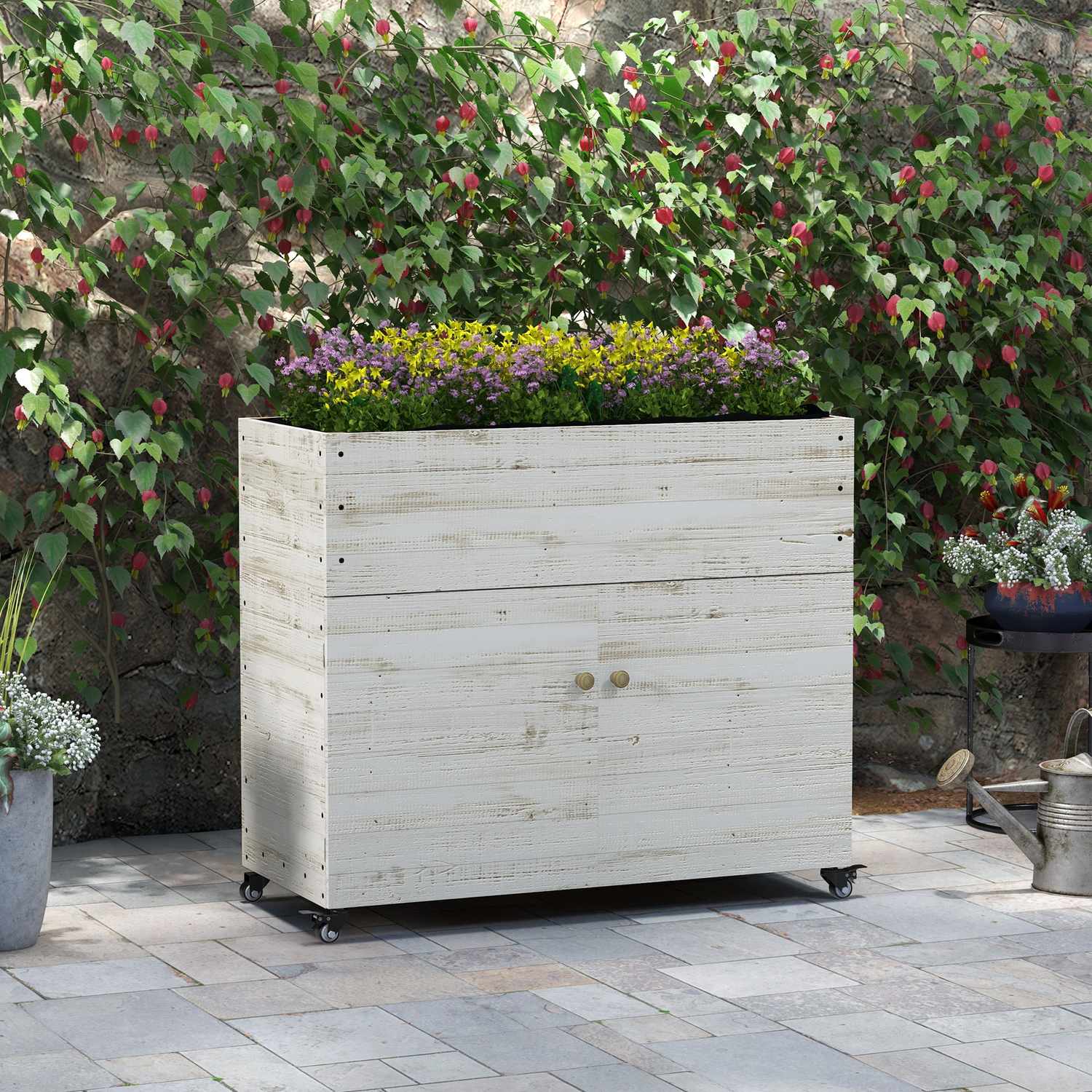 Planteringslåda i trä med hjul och förvaring, 110x50x95 cm