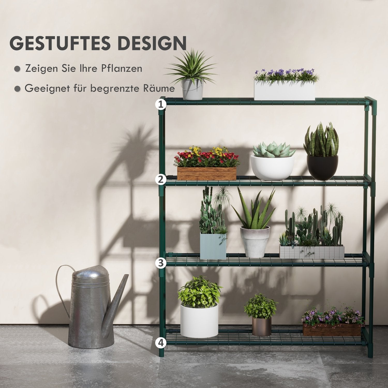 Planthylla – Blomstativ i 4 våningar i stål, mörkgrön