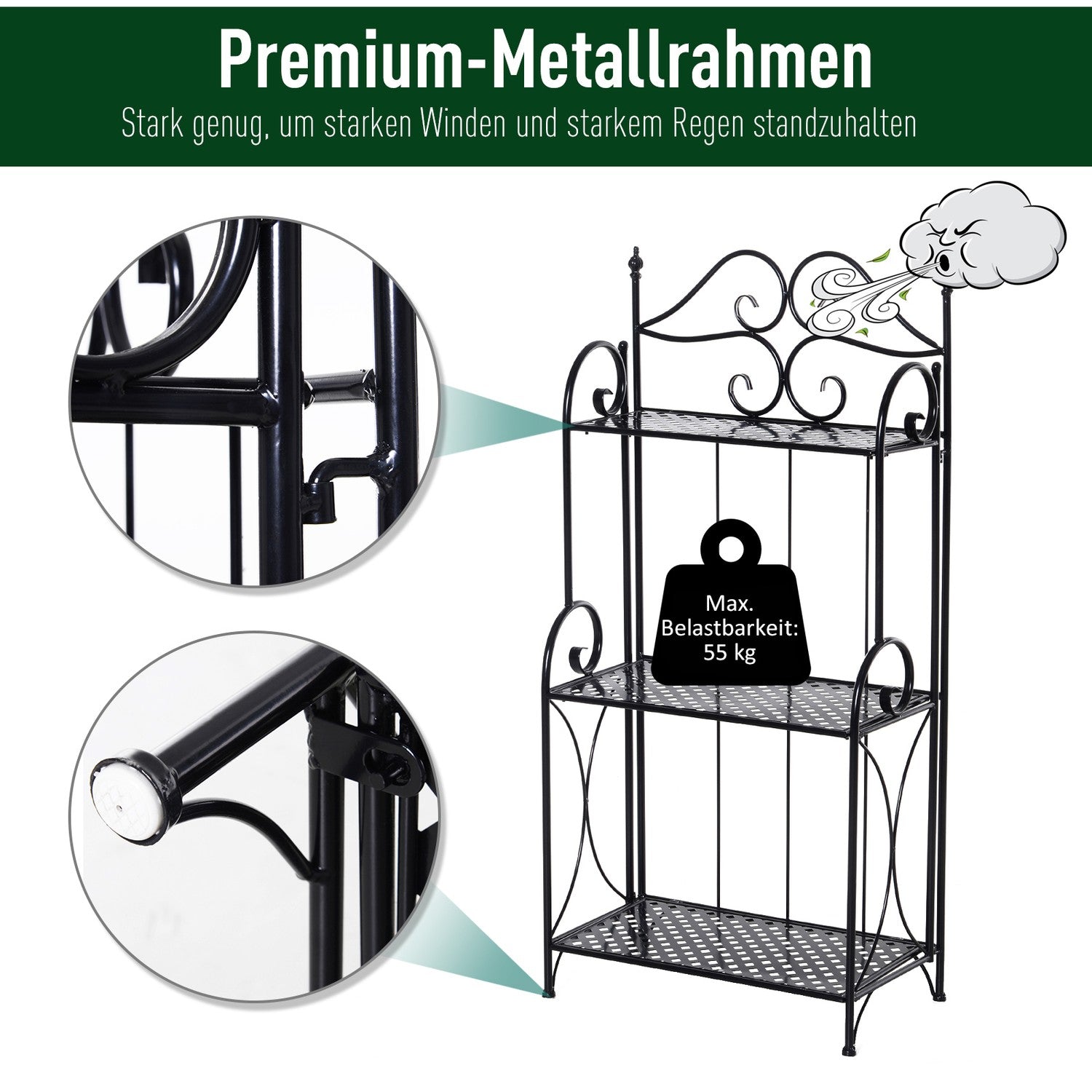 Planthylla i svart metall med 3 våningar – 56x30x114 Cm
