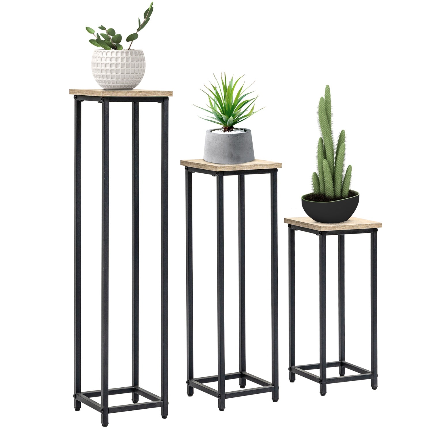 Plantställningsset i stål – 3-delad blomkrukhållare, svart & naturlig