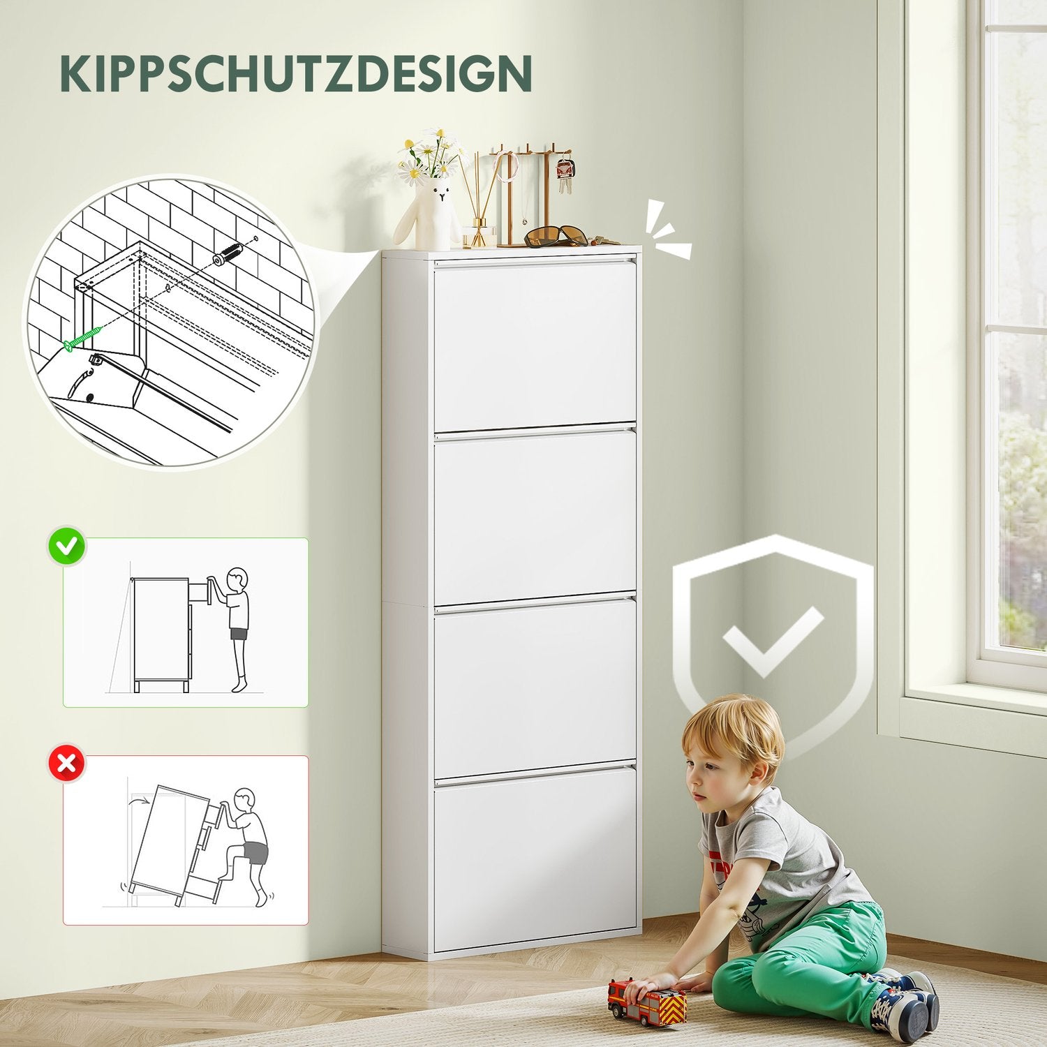 Platssparande skoskåp i metall med 4 klaffar, vit