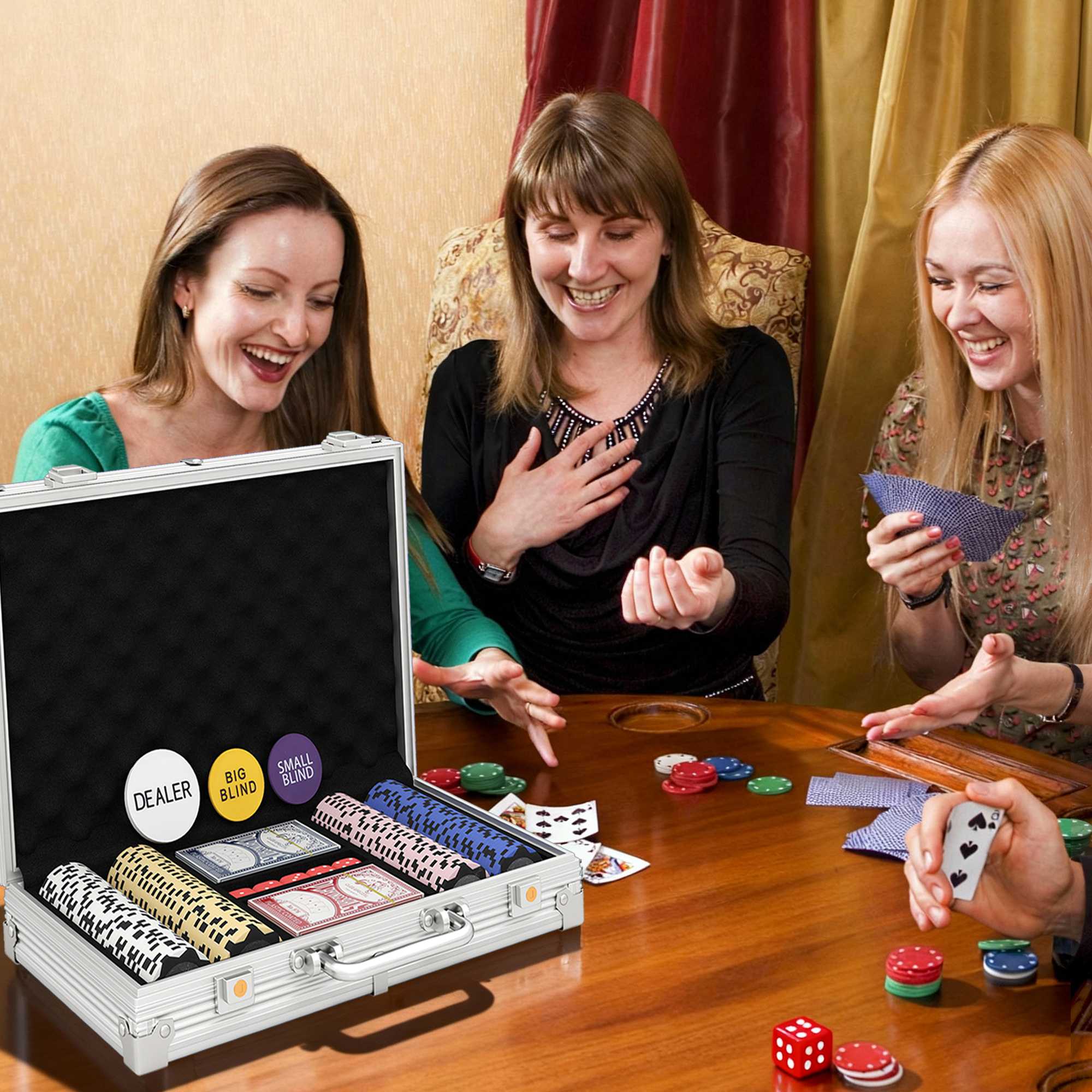 Pokerchipset med fodral, tärningar, dealerknapp, 2 kortlekar