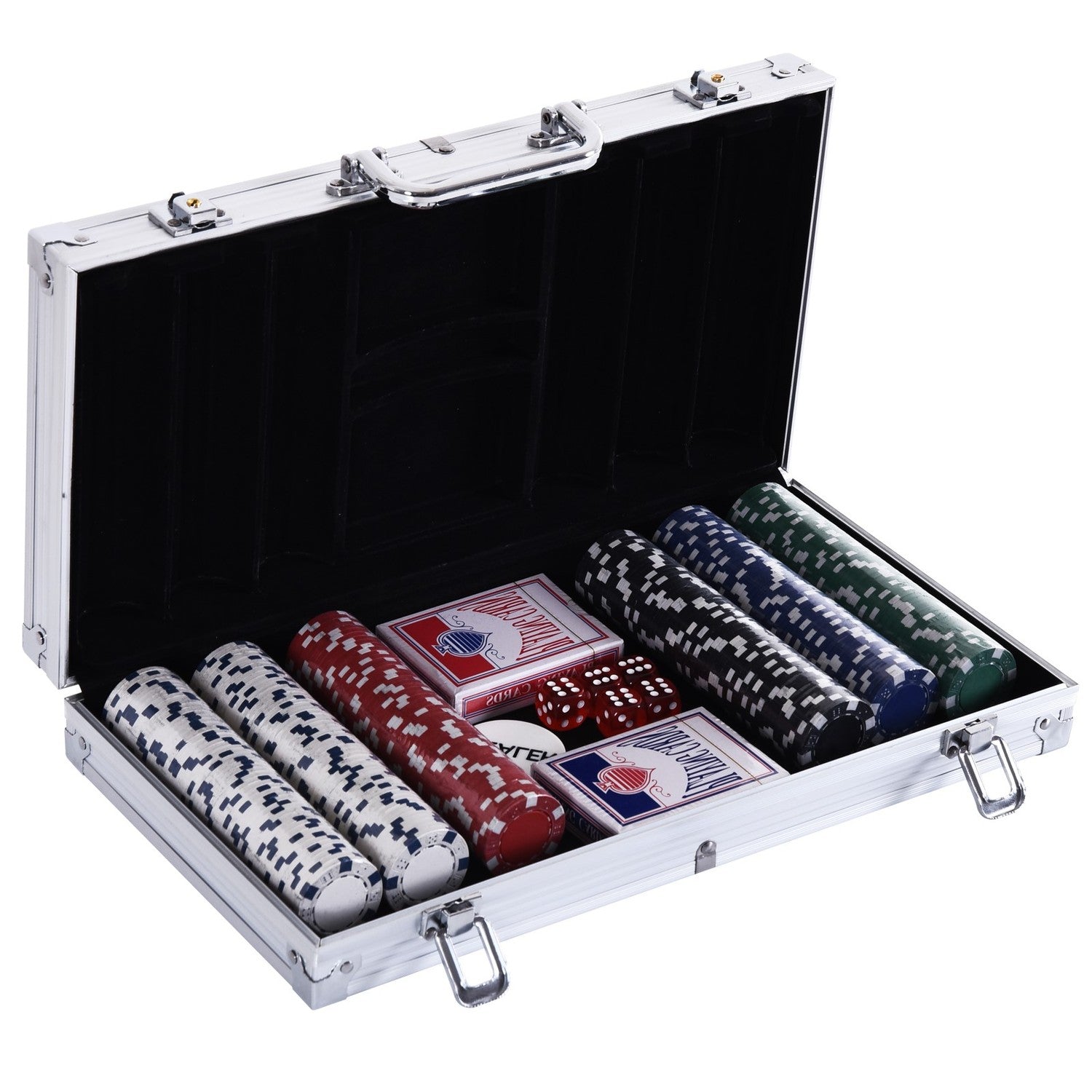 Pokerchipset – 300 marker, 2 kortlekar, 5 tärningar, aluminiumfodral