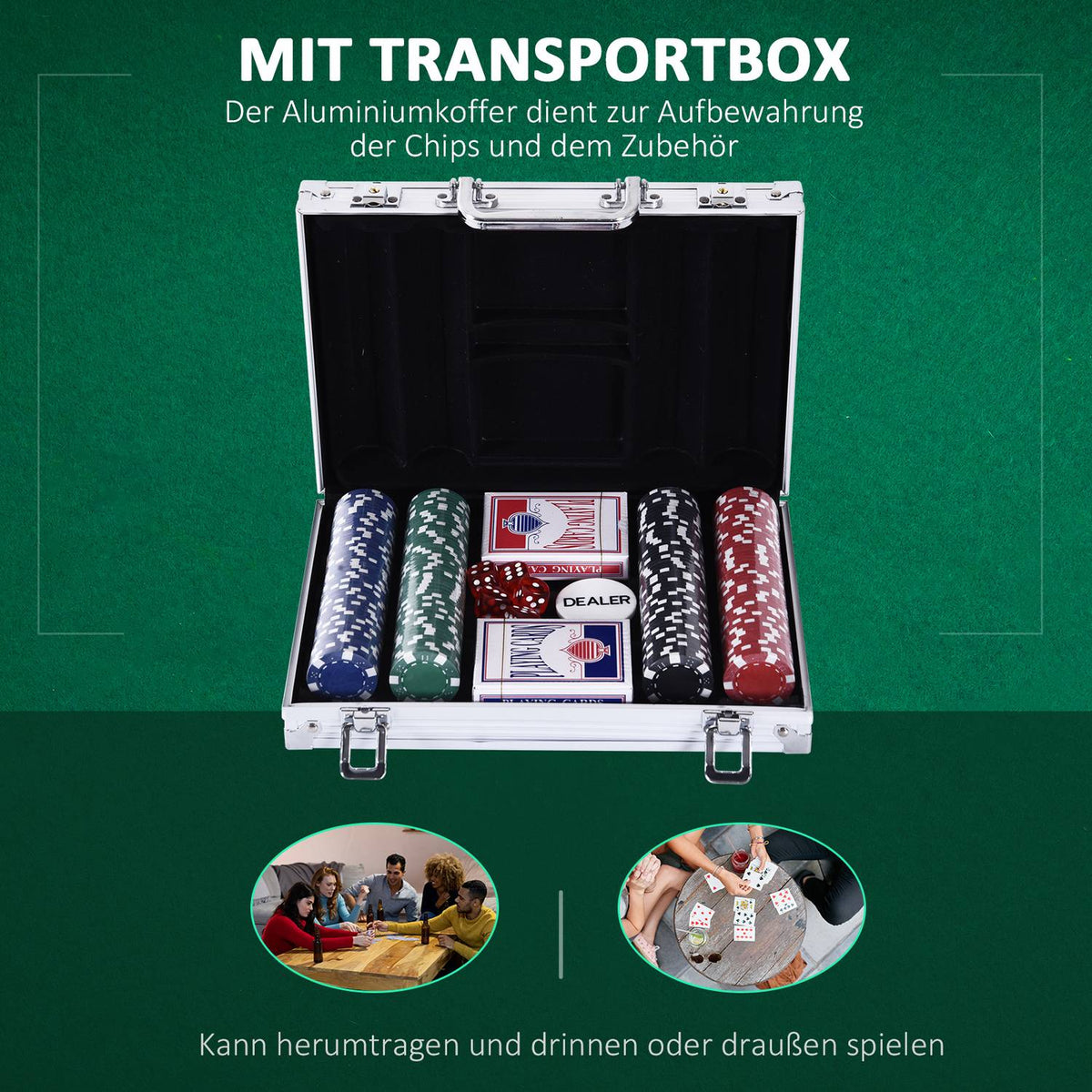 Pokersett med 200 sjetonger, kort og terninger i aluminiumsetui