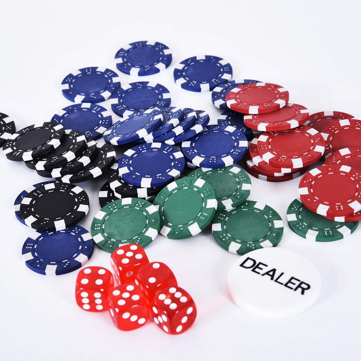 Pokersett med 200 sjetonger, kort og terninger i aluminiumsetui