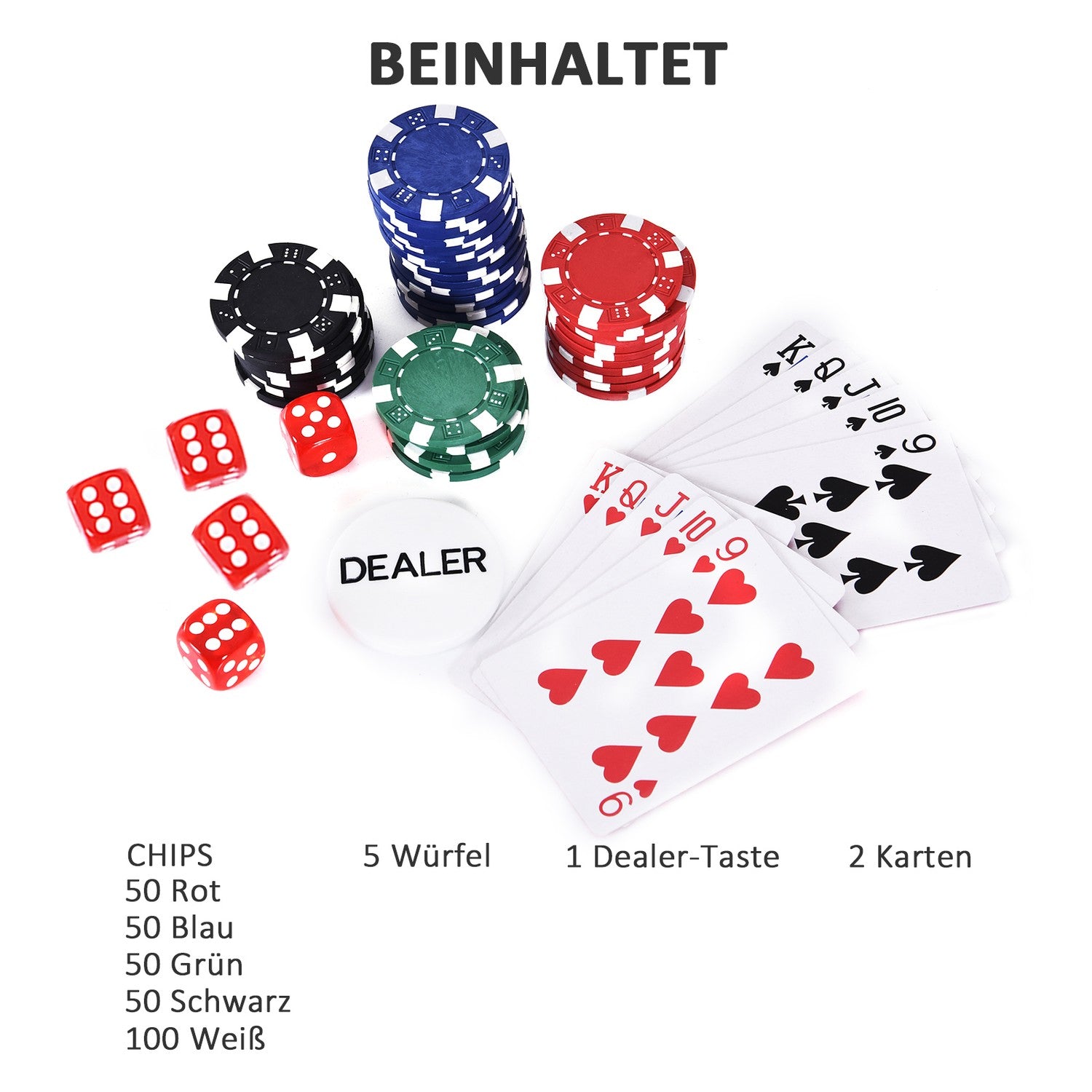 Pokersett med 200 sjetonger, kort og terninger i aluminiumsetui