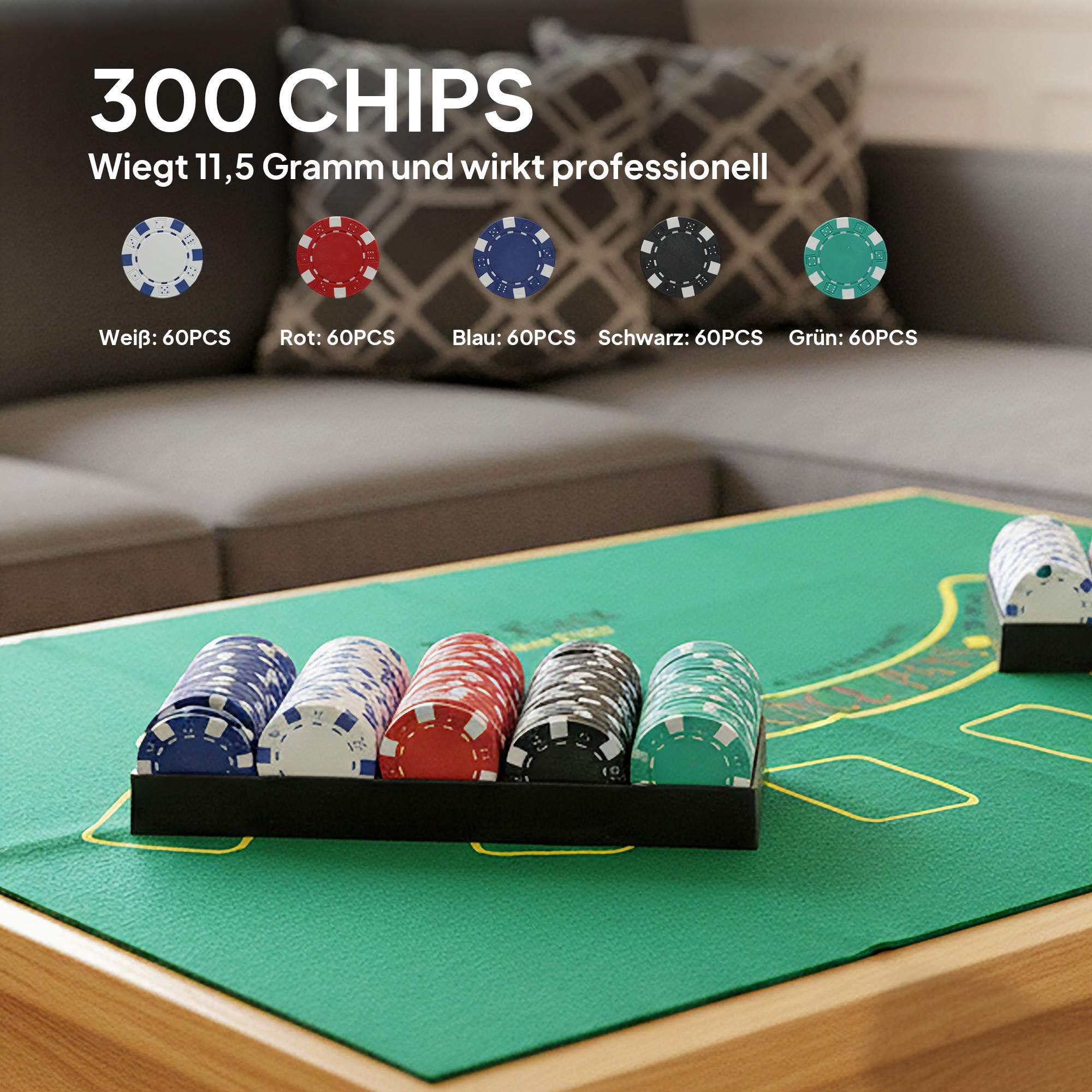 Pokerset med 300 marker, 2 kortlekar, tärningar, fodral för 8 spelare