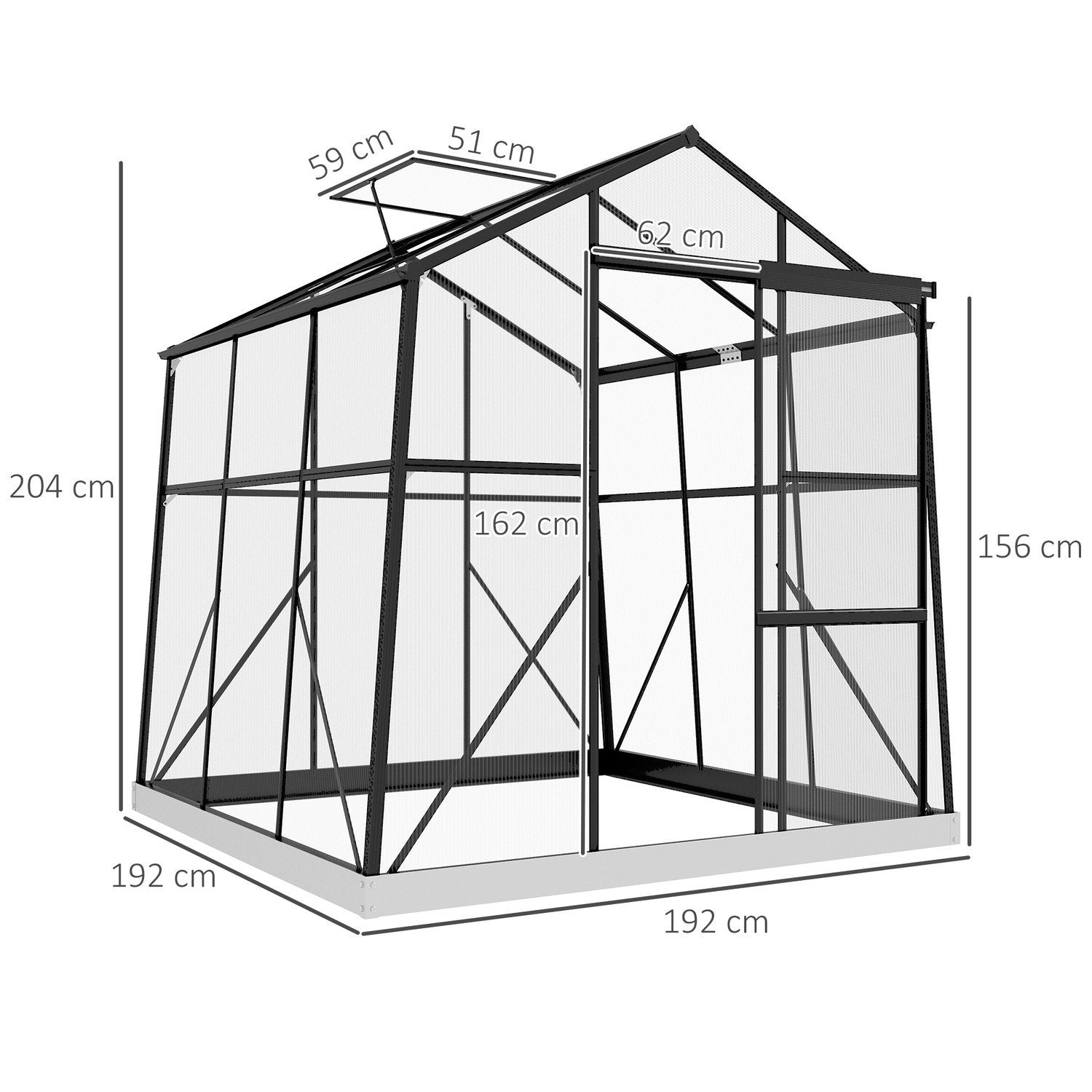 Drivhus Aluminium 192 X 192 X 204 Cm Drivhus 3,68 M² Tomathus med vindu, skyvedør, fundament, drivhus, svart