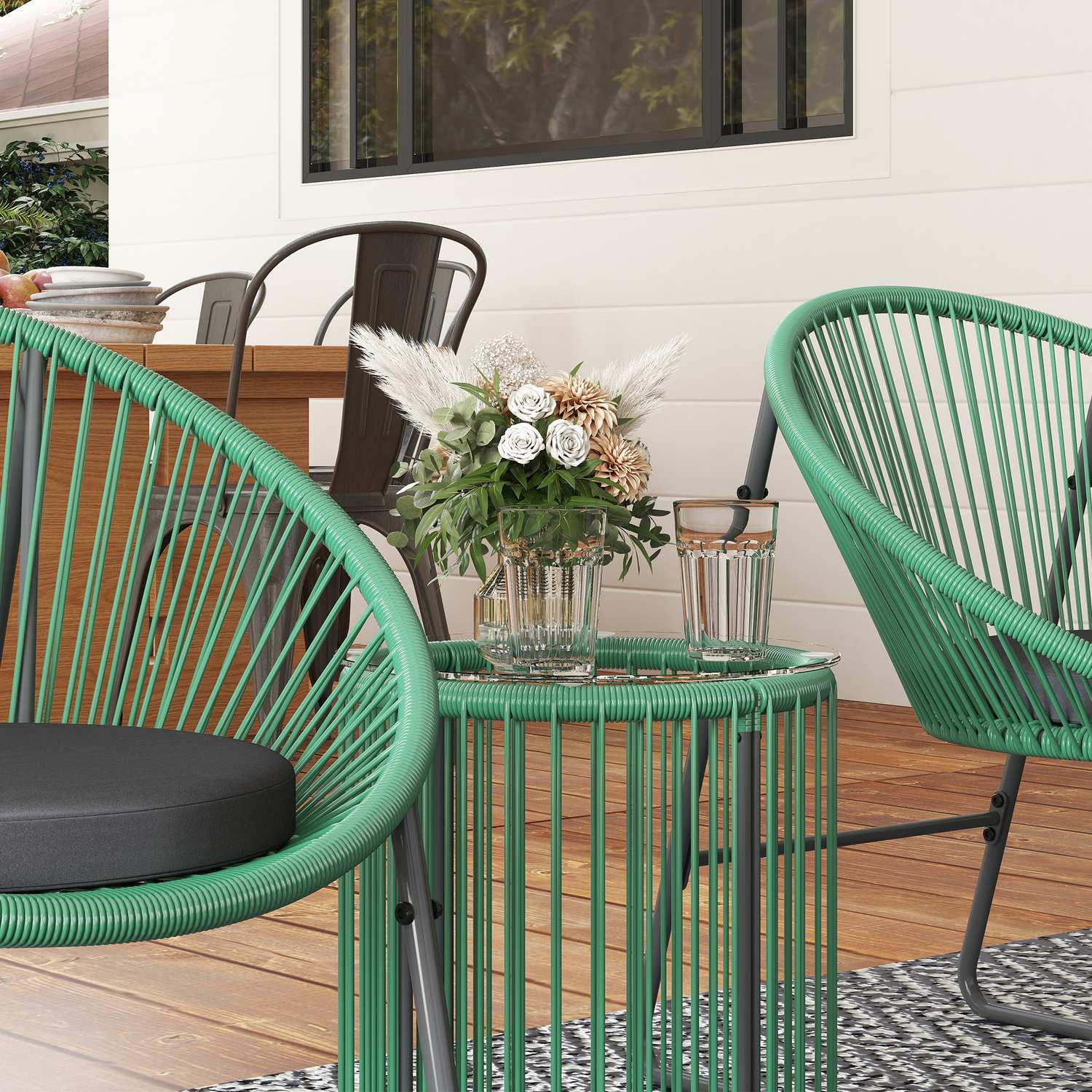 Polyrattan 3-delad Outdoor Lounge Set, gröna kuddar