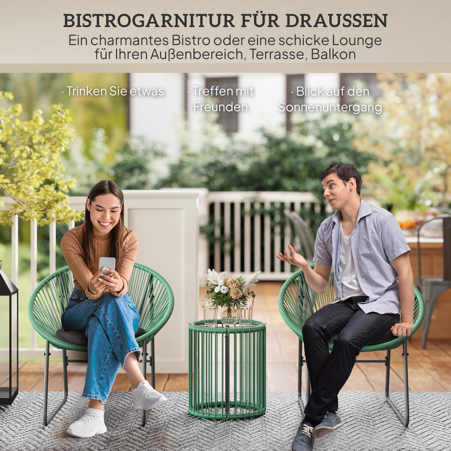 Polyrattan 3-delad Outdoor Lounge Set, gröna kuddar