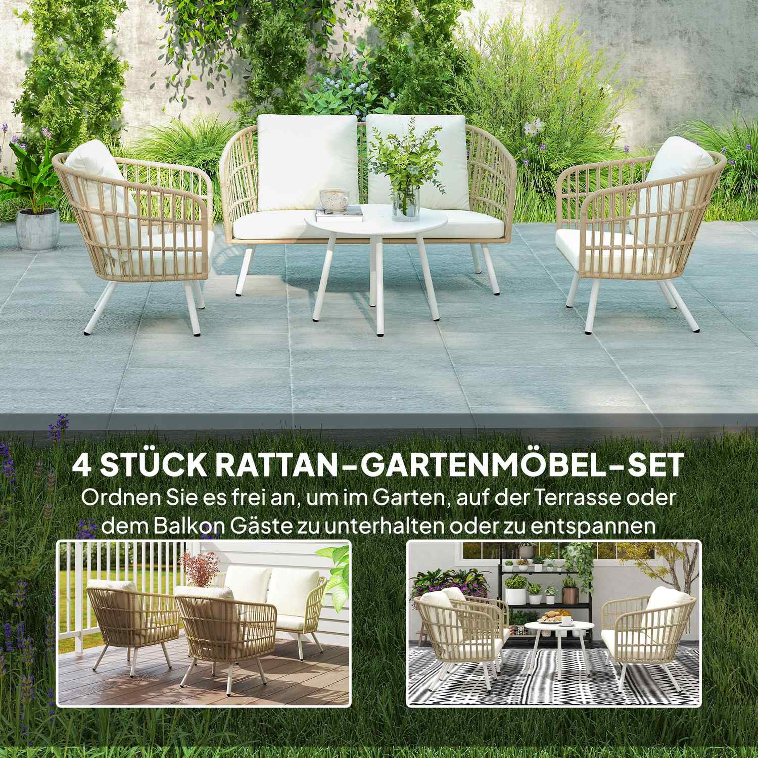 Polyrattan Outdoor Lounge Set, väderbeständig, säten 4