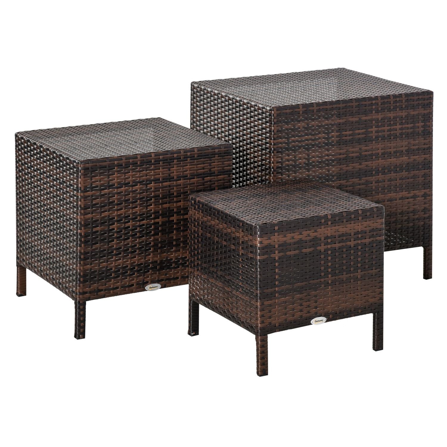 Polyrattan Set med 3 bruna soffbord, olika storlekar