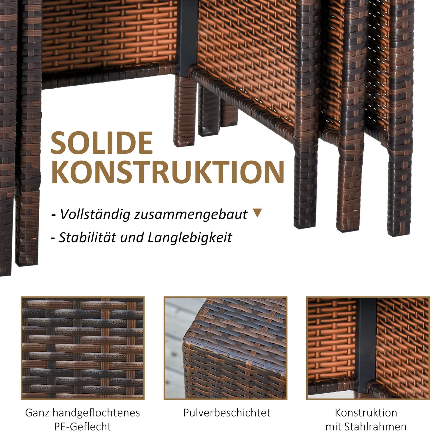 Polyrattan Set med 3 bruna soffbord, olika storlekar
