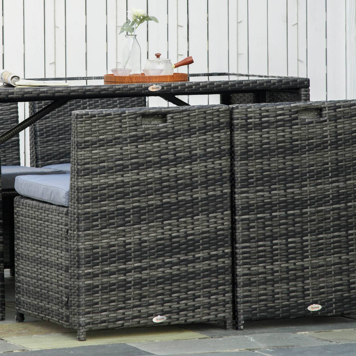 Polyrattan uteserveringsset för 4, Stålstomme, Grå