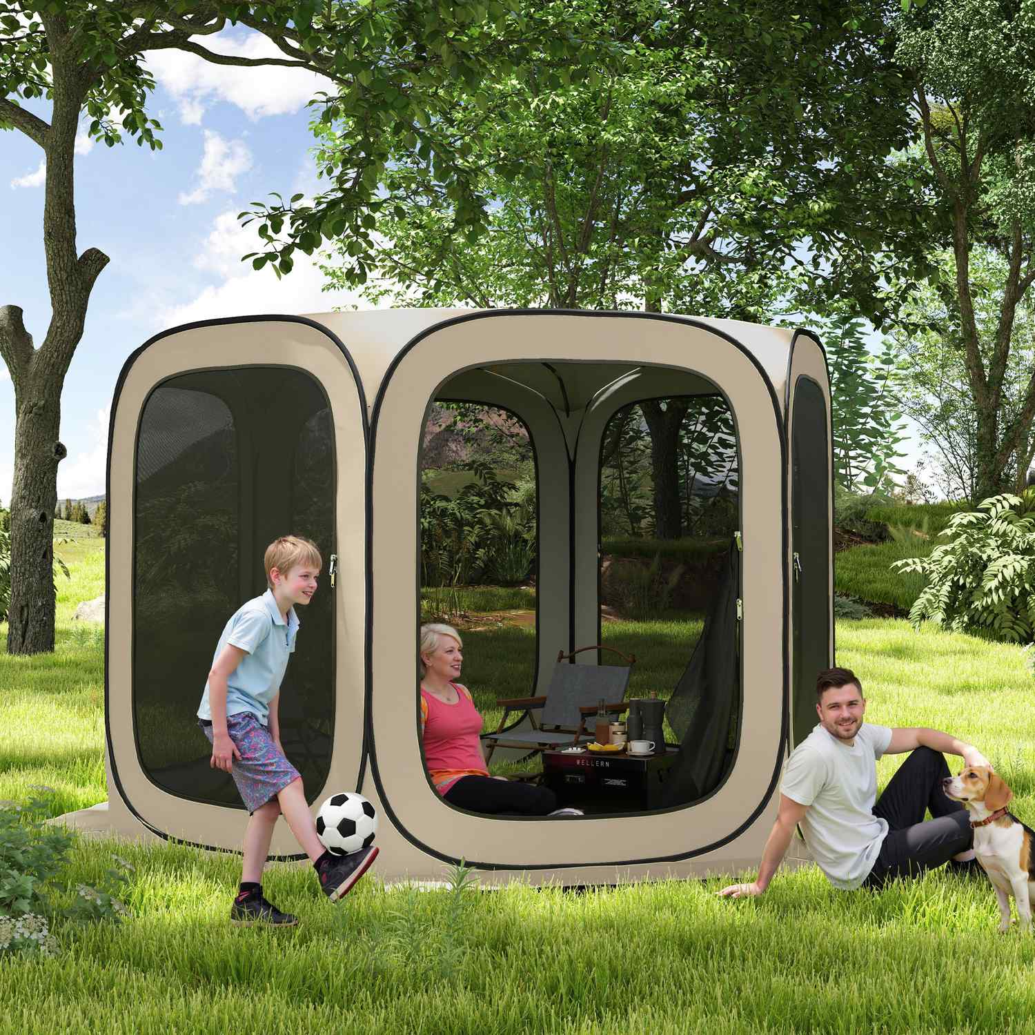 Pop-up campingtält, bärbart, UPF50+ skydd, nätsidor