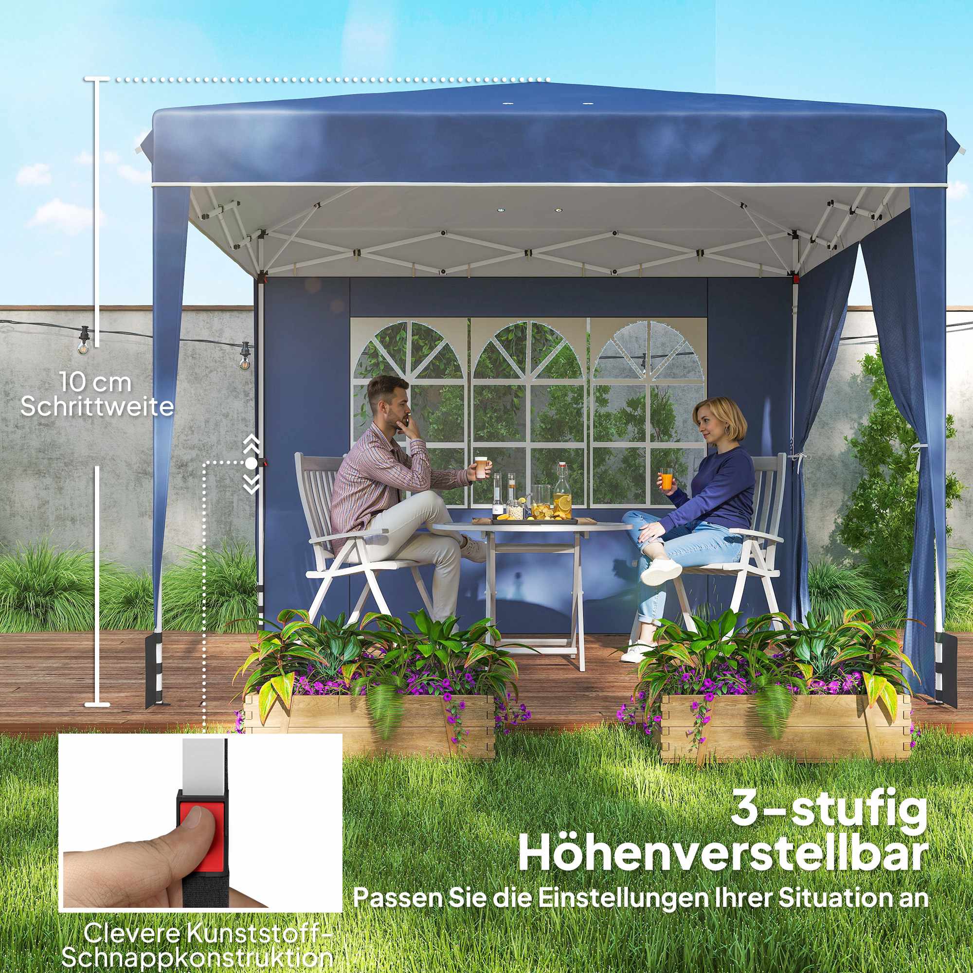 Pop-up-paviljong 3x3m, vattentät, justerbar höjd, blå