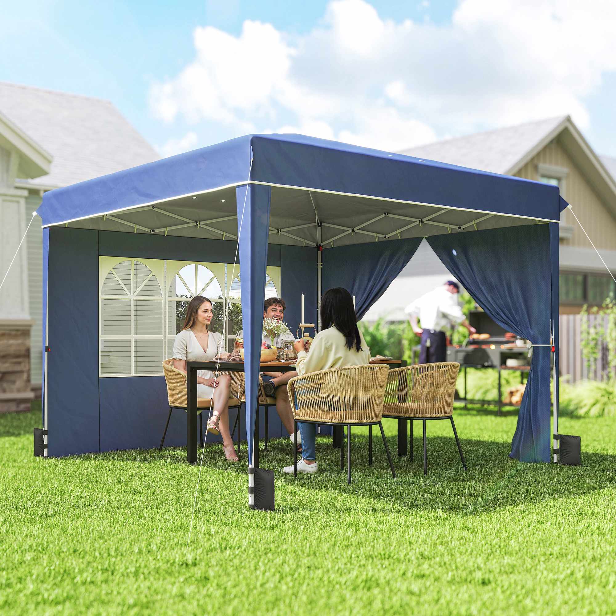 Pop-up-paviljong 3x3m, vattentät, justerbar höjd, blå
