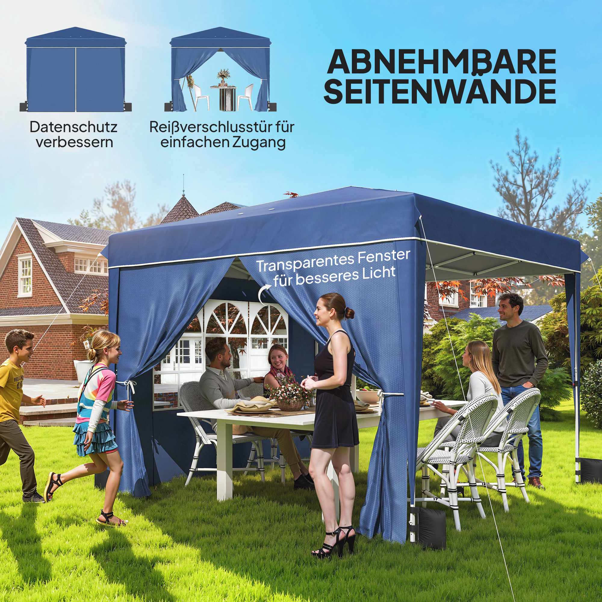 Pop-up-paviljong 3x3m, vattentät, justerbar höjd, blå