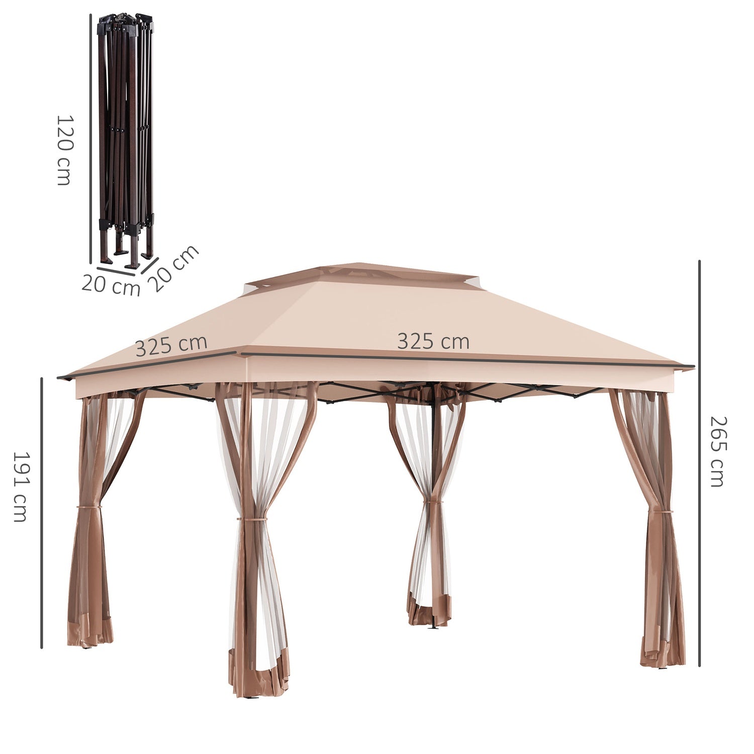 Pop-up trädgårdstält med sidoväggar, Khaki, 3,25x3,25x2,65M
