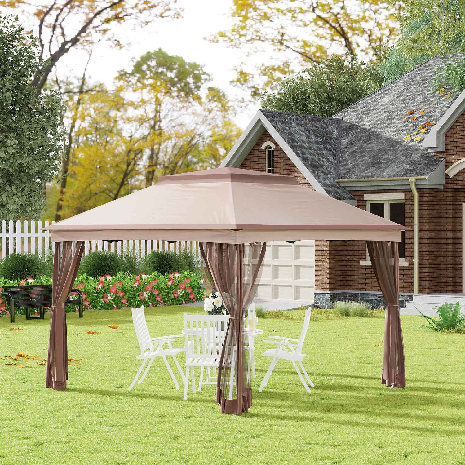 Pop-up trädgårdstält med sidoväggar, Khaki, 3,25x3,25x2,65M