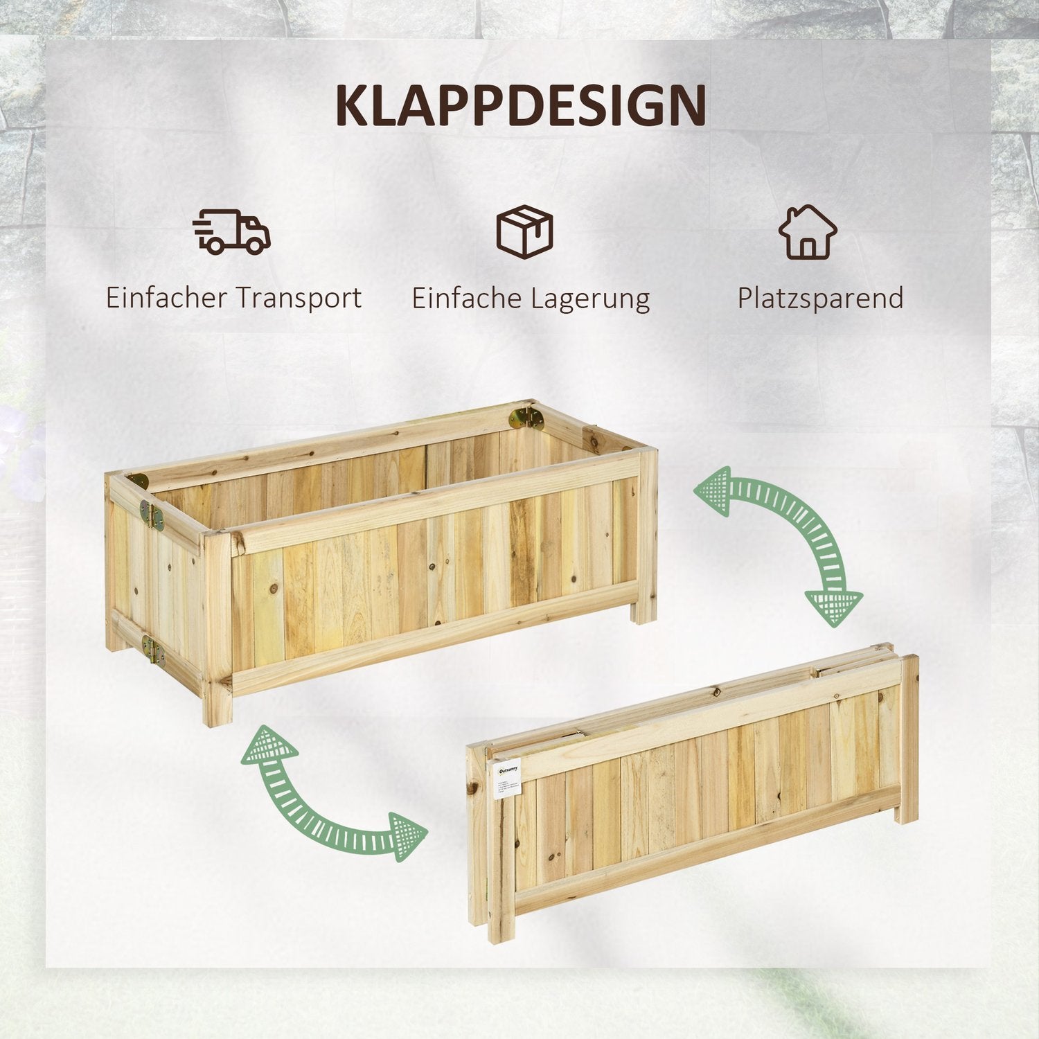 Sammenleggbar plantekasse for hevet seng for hage, uteplass og balkong, grantre, naturlig, 70X30X25cm