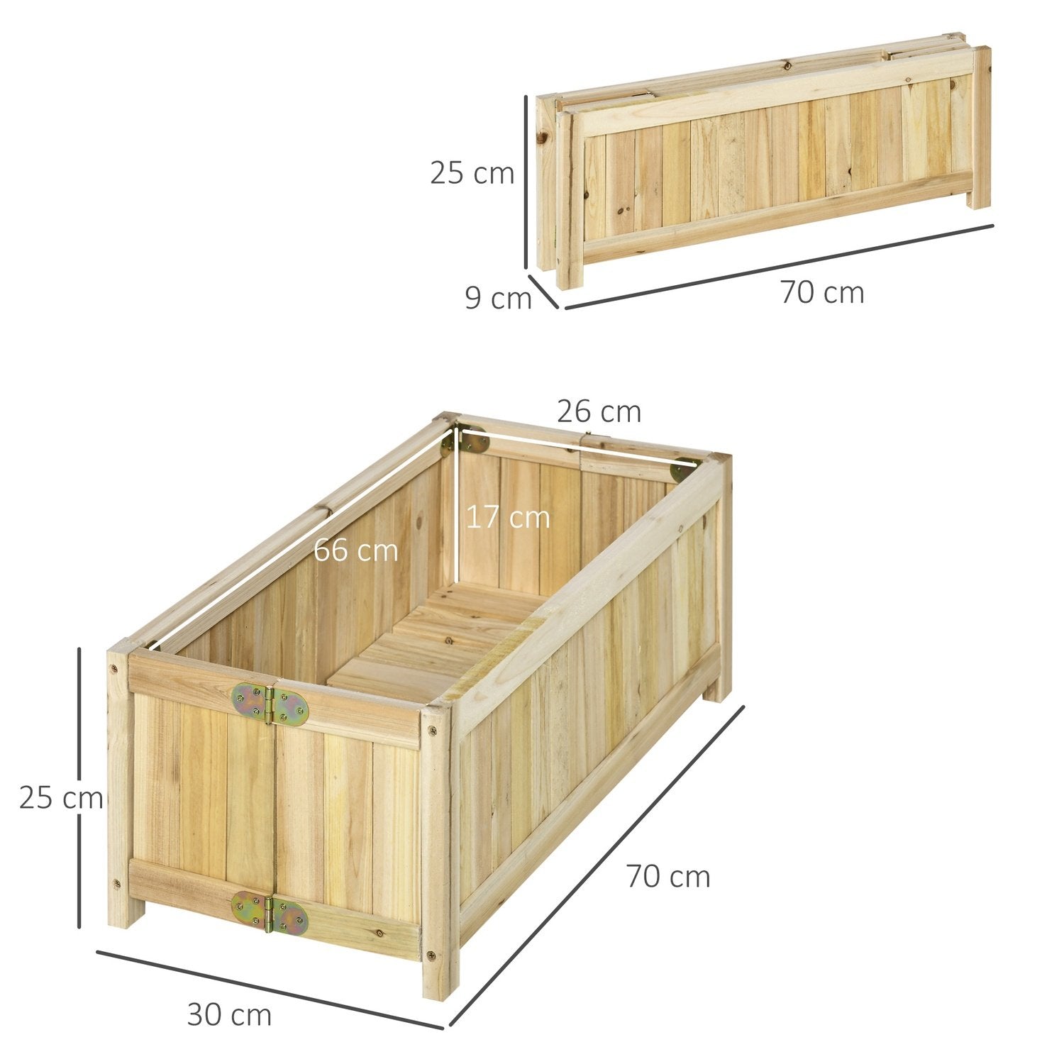 Sammenleggbar plantekasse for hevet seng for hage, uteplass og balkong, grantre, naturlig, 70X30X25cm